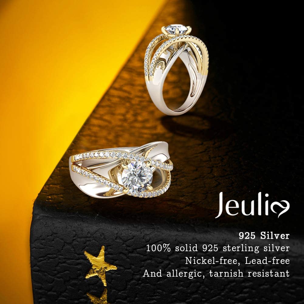 Jeulia Women's Engagement Rings - Sterling Silver & Two-Tone Gold Bridal Set with Crossover Round Cubic Zirconia Ring for Anniversary, Promise, or Proposal - Perfect Gift with Jewelry Box for Weddings, Valentine's Day & Special Occasions
