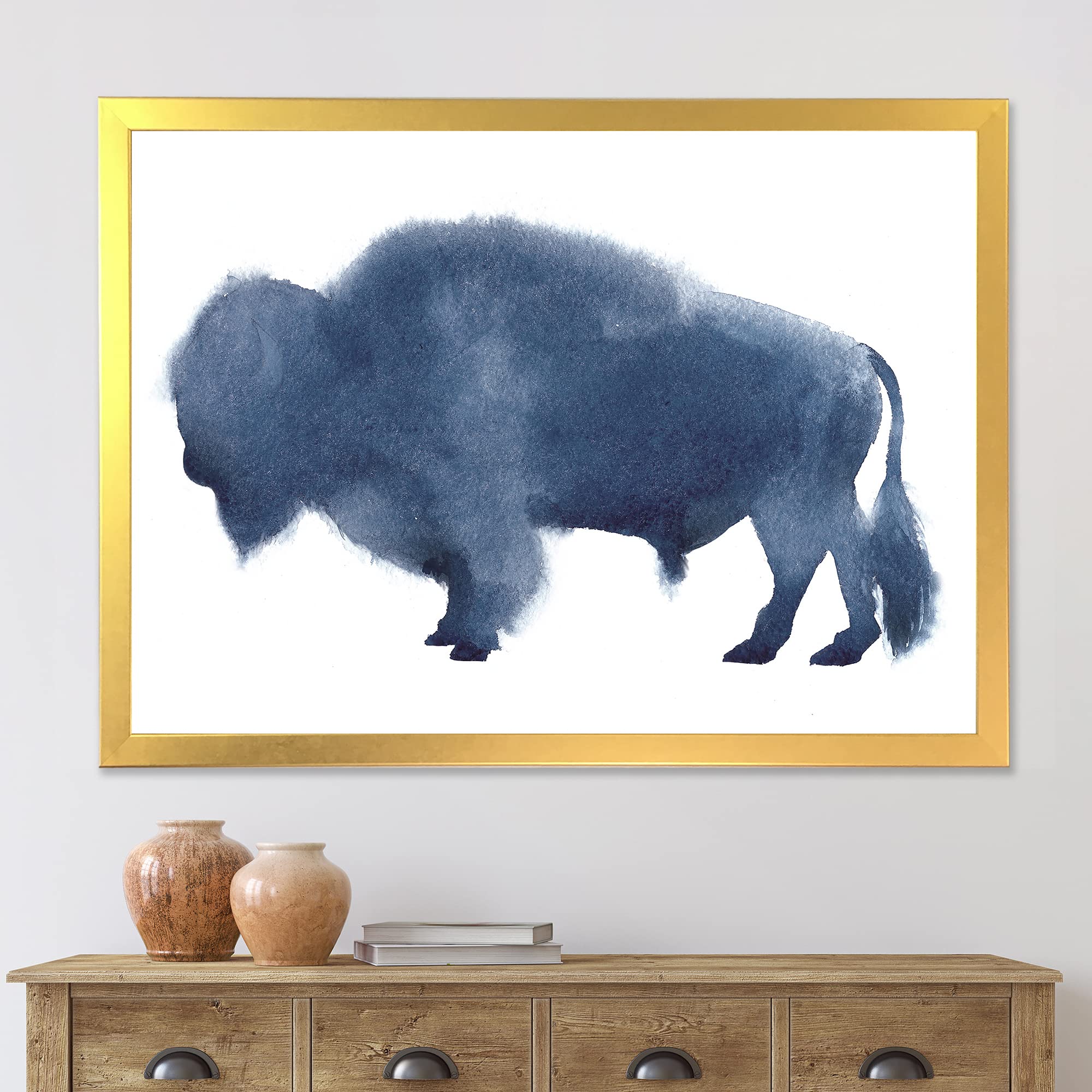 DesignQ Navy Blue Bison Silhouette Framed Wall Art - Rustic Farmhouse Decor for Living Room, Bedroom & Office