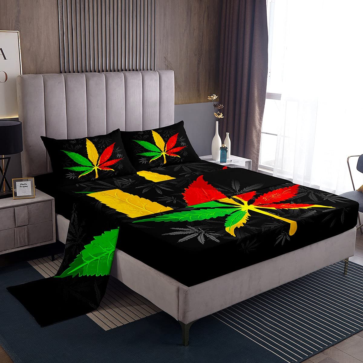 **Manfei Marijuana Leaf Bedding Set - Twin Size 3-Piece Colorful Cannabis Leaves Sheet Set with Deep Pocket Fitted Sheet, Flat Sheet & Pillowcase - Soft & Durable for Kids, Teens, Boys & Girls - Perfect for Dorm, Bedroom, or Themed Decor**