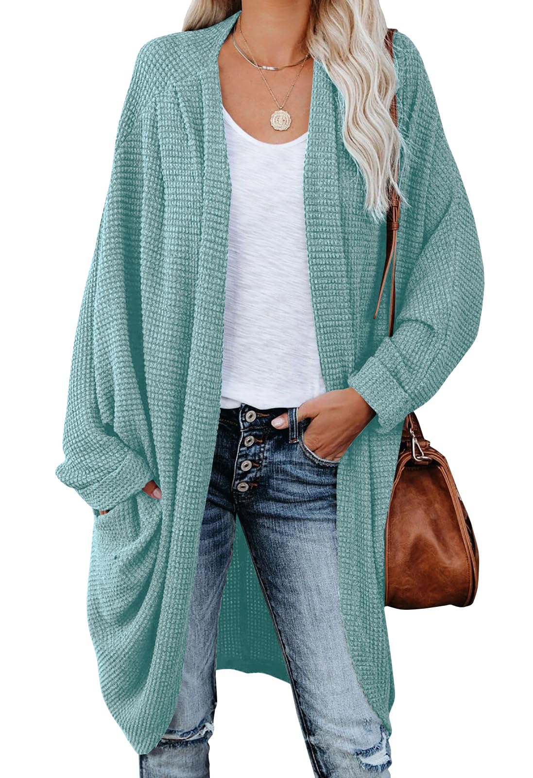 ZoeAce Women's Open Front Knit Cardigan - Long Batwing Sleeve Oversized Sweater with Chunky Waffle Cable & Boho Pockets - Cozy Fall Winter Coat for Casual Outfits, Office Wear and Layering