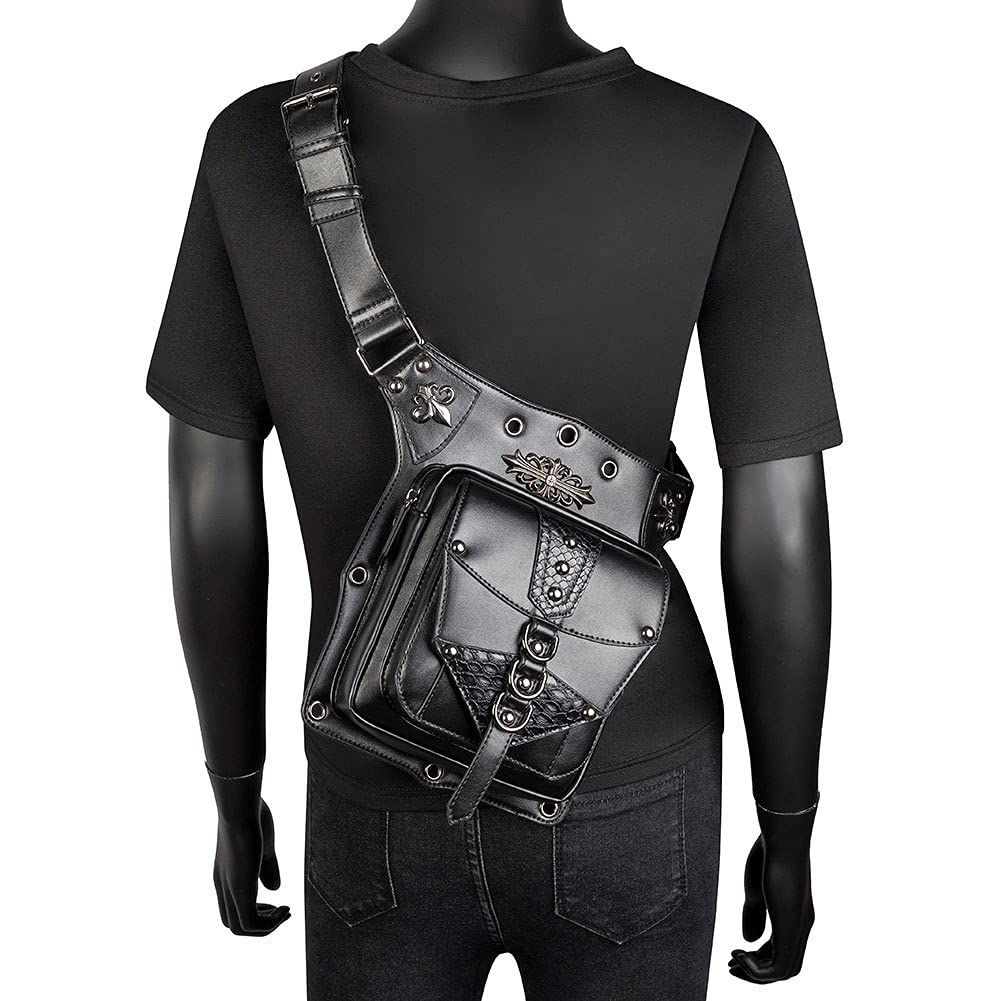 SHENGYAO Steampunk Shoulder Messenger Bag - Unisex PU Leather Waist Pack with Adjustable Elastic Strap for Outdoor, Hiking & Travel | Black One Size
