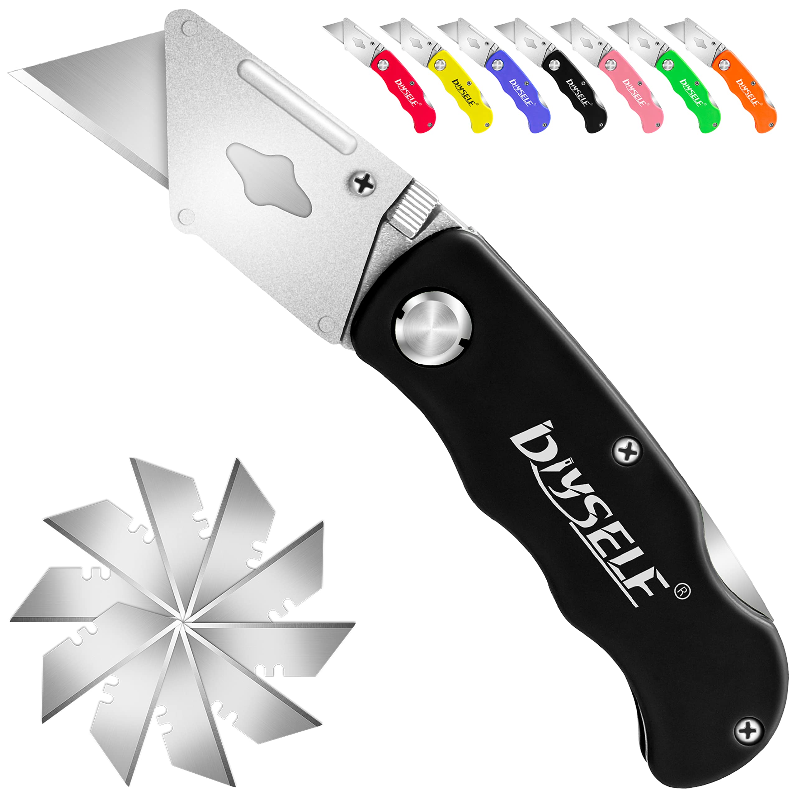 DYISELF Folding Utility Knife with 10 Extra SK5 Blades - Quick Change Razor Knife with Back Lock, Lightweight Box Cutter for Cartons, Packages & Cardboard - Perfect for Warehouse, Shipping, Moving & DIY Projects (Black)