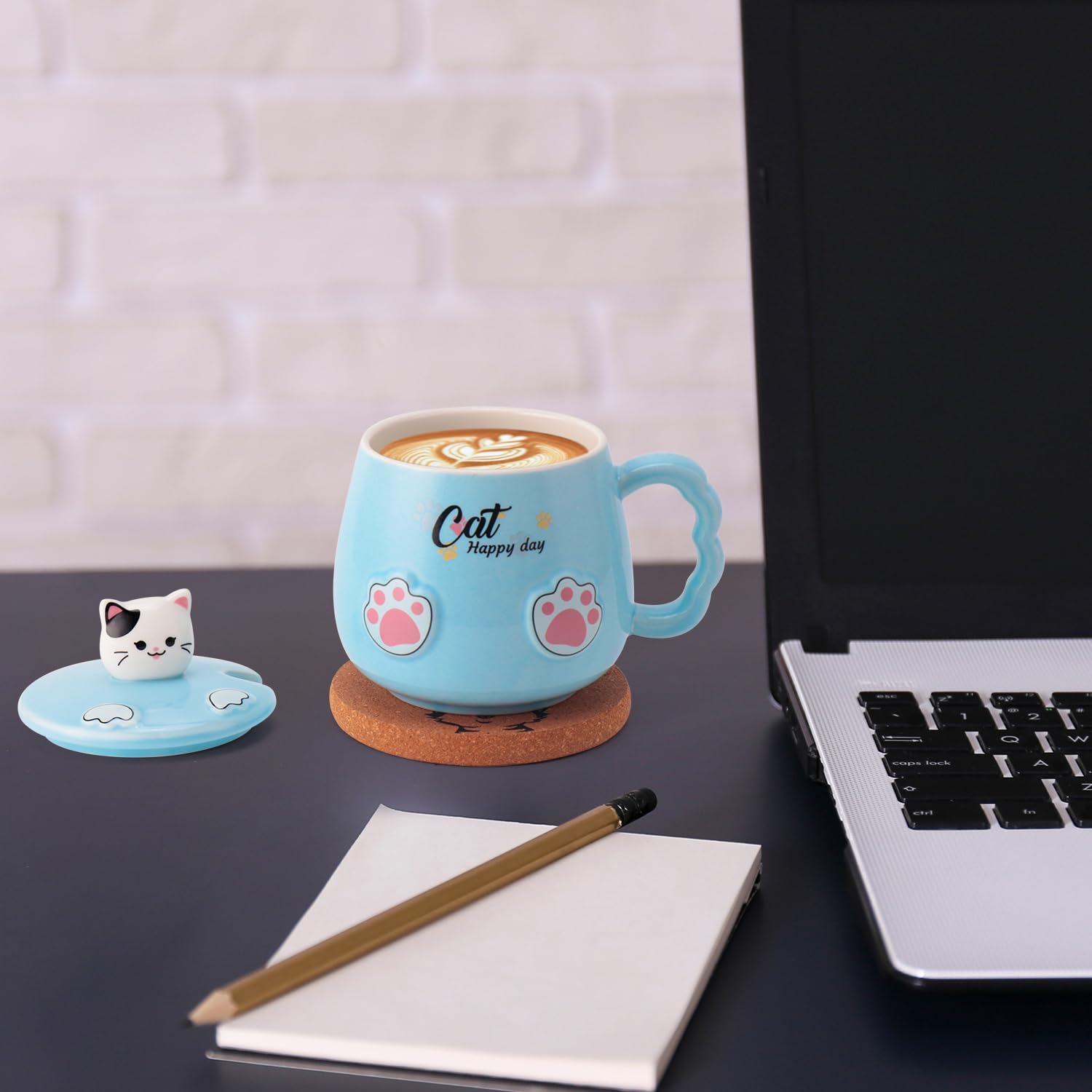 14oz Cute Cat Mug with Kitty Lid & Claw Spoon - Kawaii Ceramic Coffee Tea Cup Set with Anime Cat Coaster - Perfect Birthday Christmas Gift for Cat Lovers - Ideal for Home Office Use & Cat-Themed Parties (Blue)