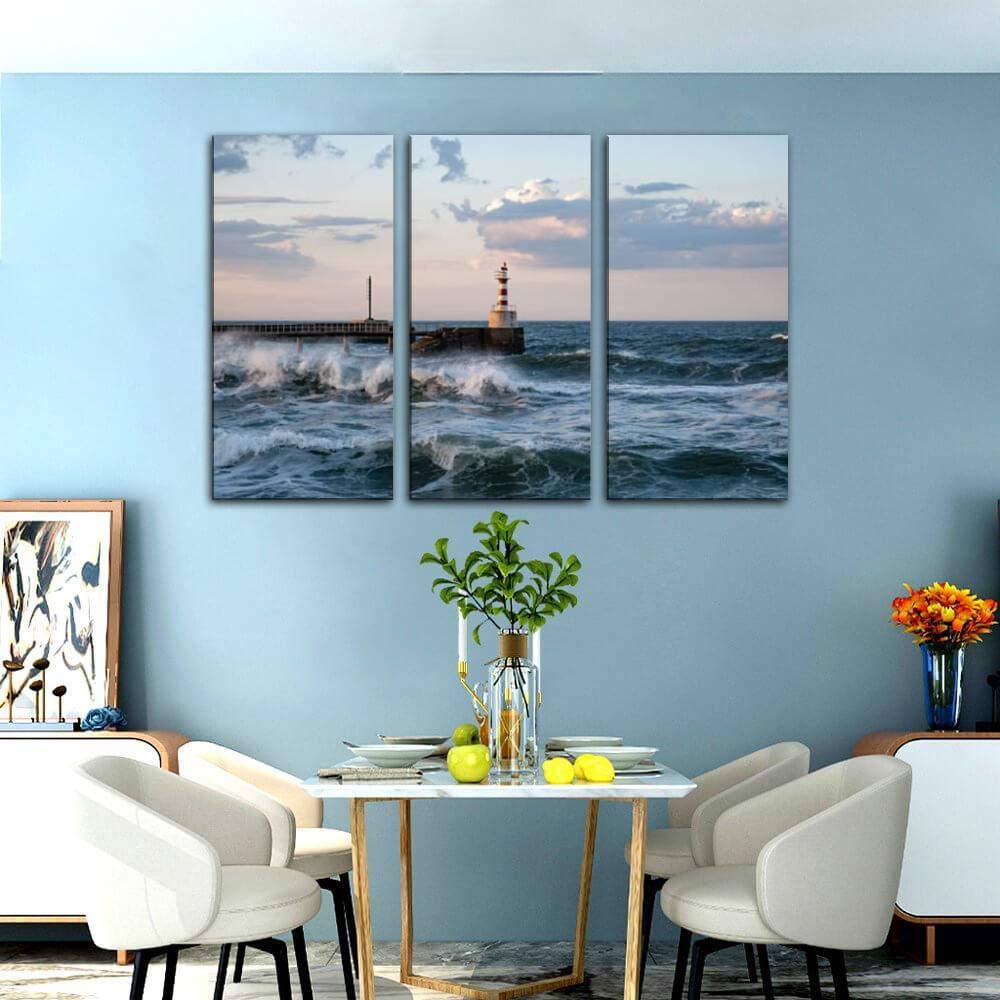 Stormy Coast Canvas Wall Art - 3 Panels Lighthouse Painting for Living Room & Bedroom Decor