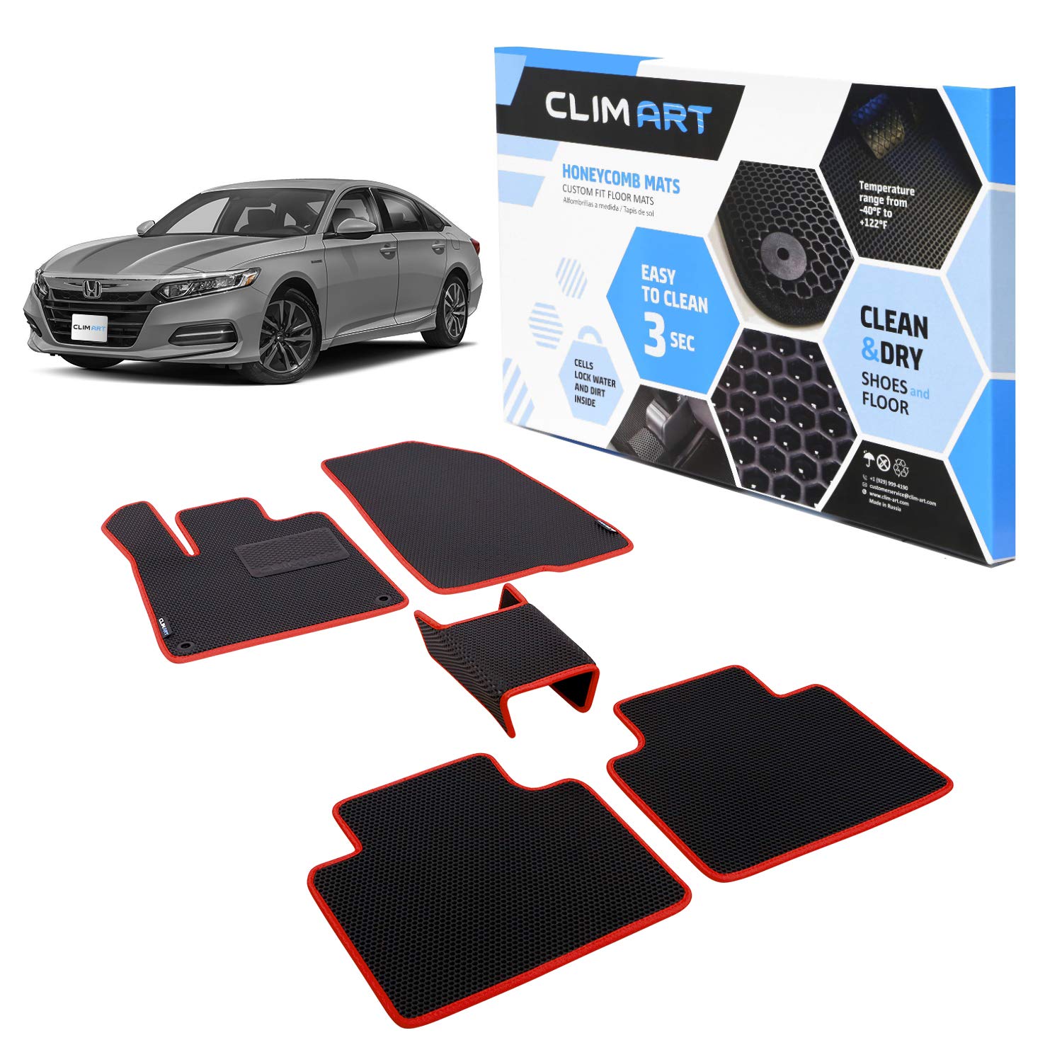 CLIM ART Honeycomb Custom Fit Floor Mats for Honda Accord 2018-2022 | 1st & 2nd Row All-Weather Car Floor Liners | Black/Red Car Accessories for Men & Women | Perfect for Daily Commute, Road Trips & Winter Protection - FL051518057