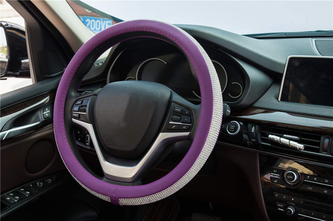 Diamond Rhinestone Leather Steering Wheel Cover - Universal 15 Inch Fit, Bling Bling Crystal Design for Women & Girls (Purple) - Luxury Car Accessory for Daily Driving & Gift Giving