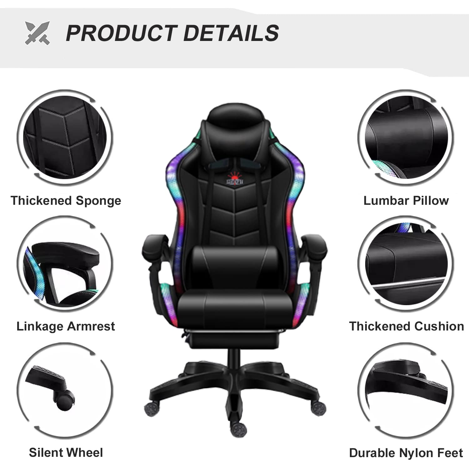 XOOFMASS Gaming Chair with Built-in Speakers & RGB LED Lights - Ergonomic Racing Office Chair, PU Leather Recliner with Lumbar Support - Perfect for Esports, Streaming & Home Office (Black)