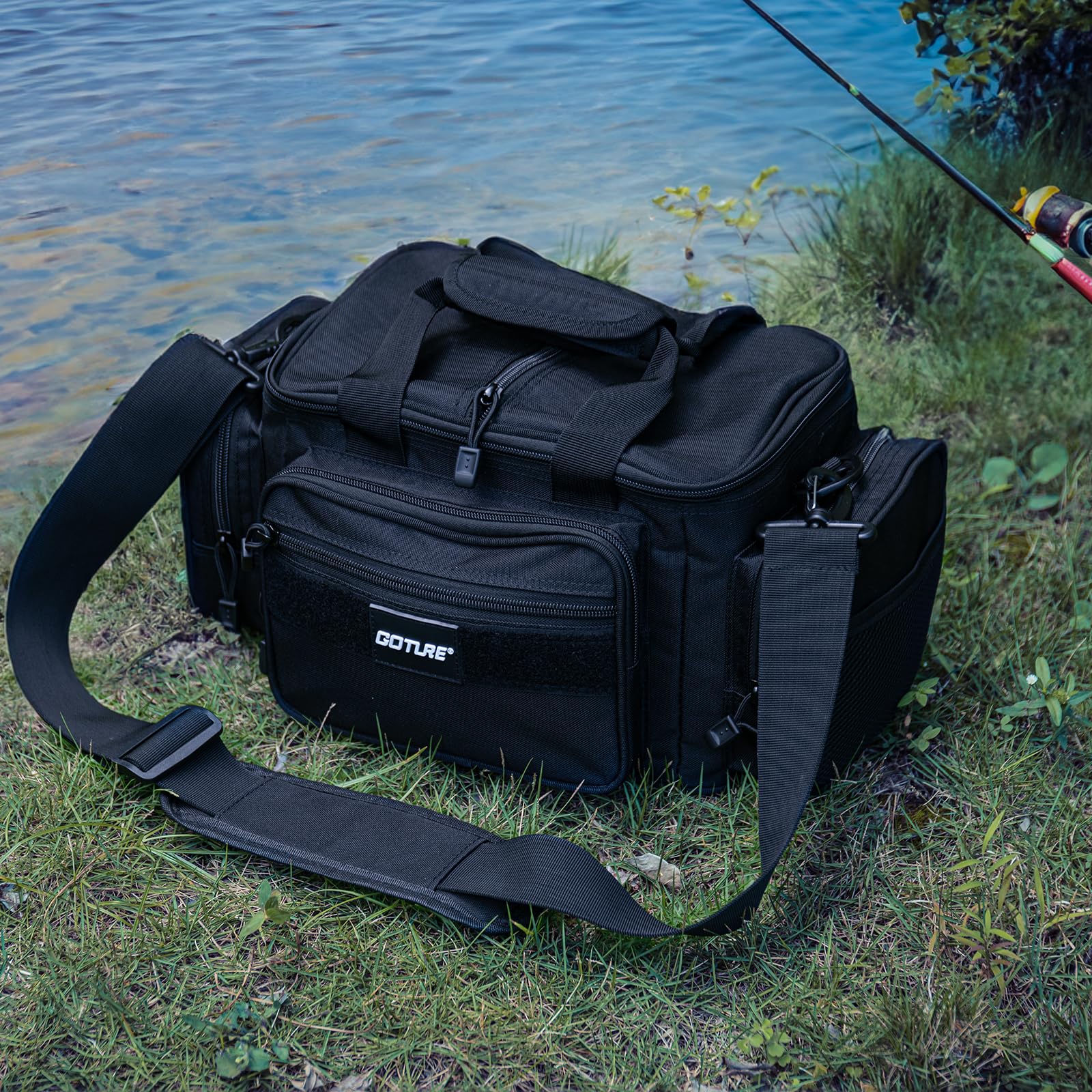 Goture Water-Resistant Cross Body Sling Fishing Tackle Bag - Soft Side Tactical Gear for Saltwater & Freshwater - Holds 3 3600 Tackle Boxes - Perfect for Outdoor Fishing & Gifts for Men (Ideal for Shore Fishing, Boat Trips & Camping Adventures)