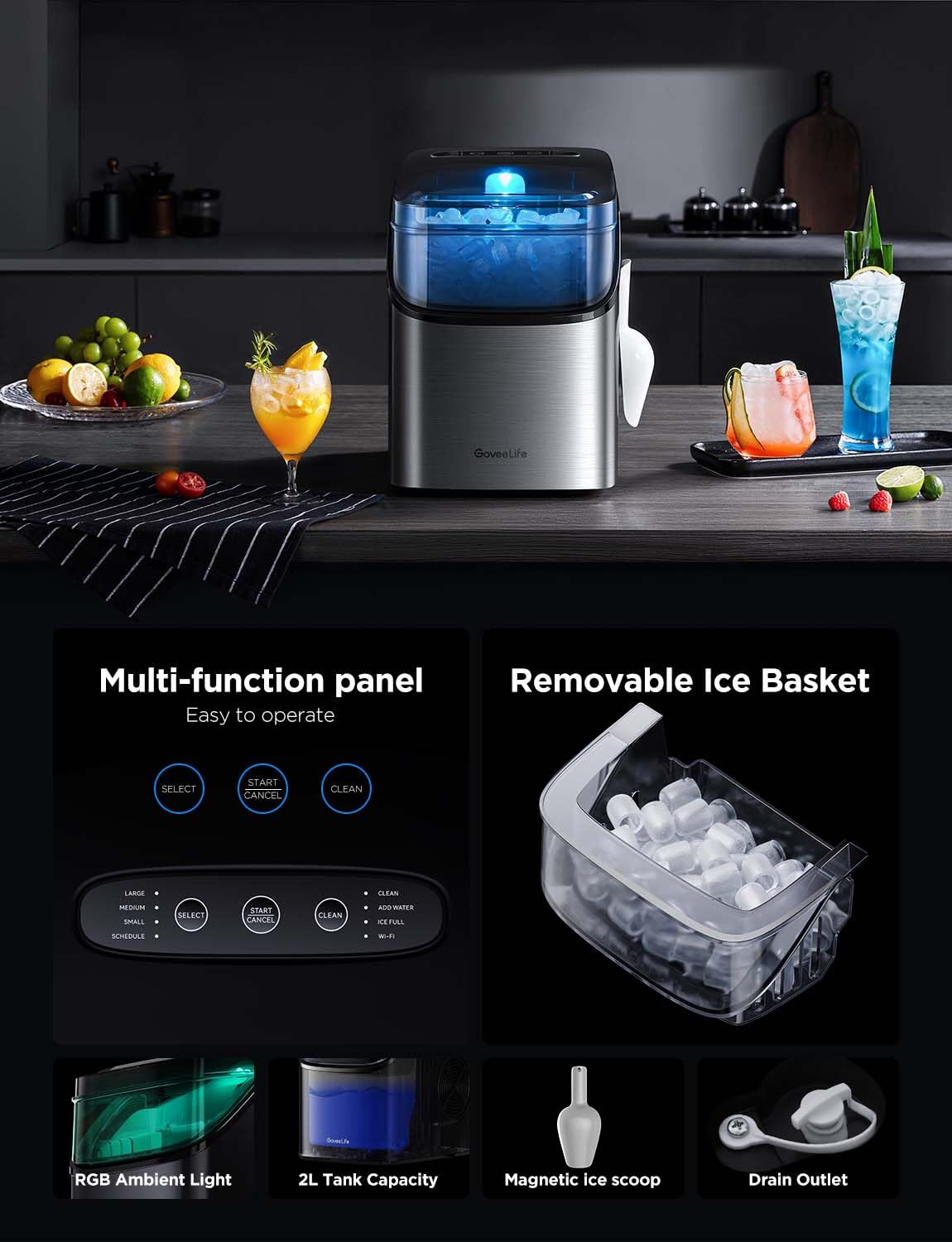 GoveeLife Smart Countertop Ice Maker with Voice Control - 9 Ice Cubes in 6 Minutes, 26lbs/24Hrs, 3 Cube Sizes, Self-Cleaning & RGB Lights - Quiet Portable Ice Machine with Scoop for Kitchen, Office, RV, and Outdoor Use