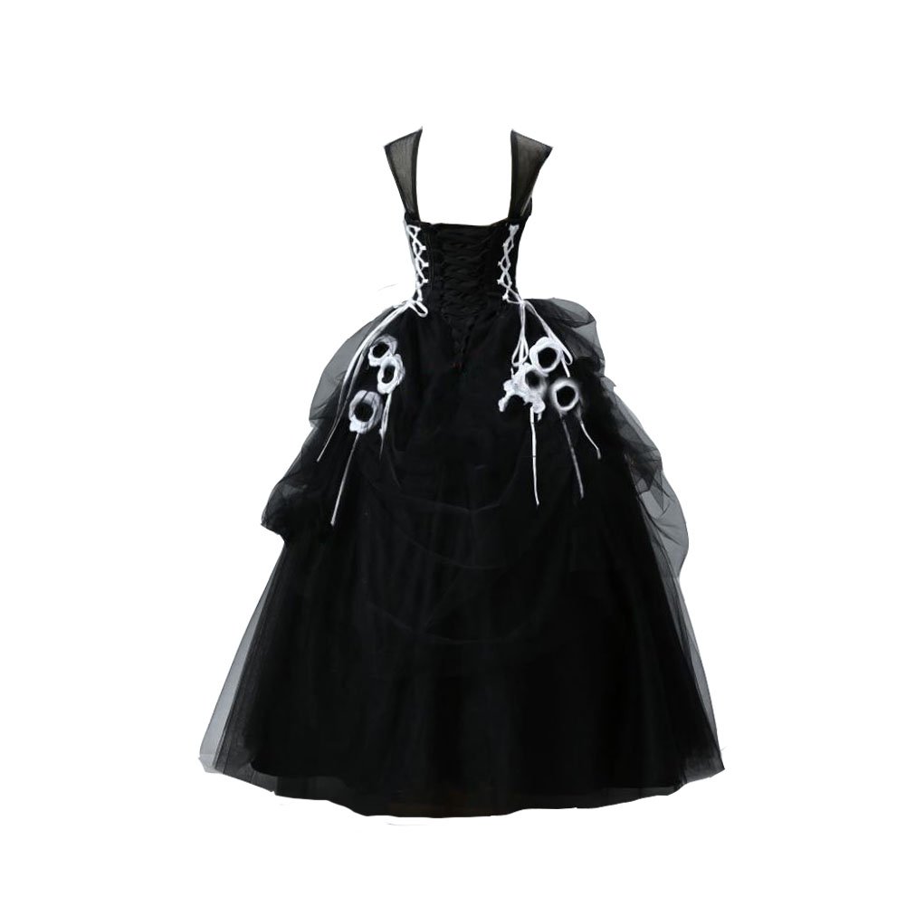 Kivary® Black Tulle Ball Gown with Floral Appliques & White Cap Sleeves - Gothic Prom Dress, Wedding Gown for Women | Perfect for Evening Parties, Formal Events & Dark Romance Themed Occasions