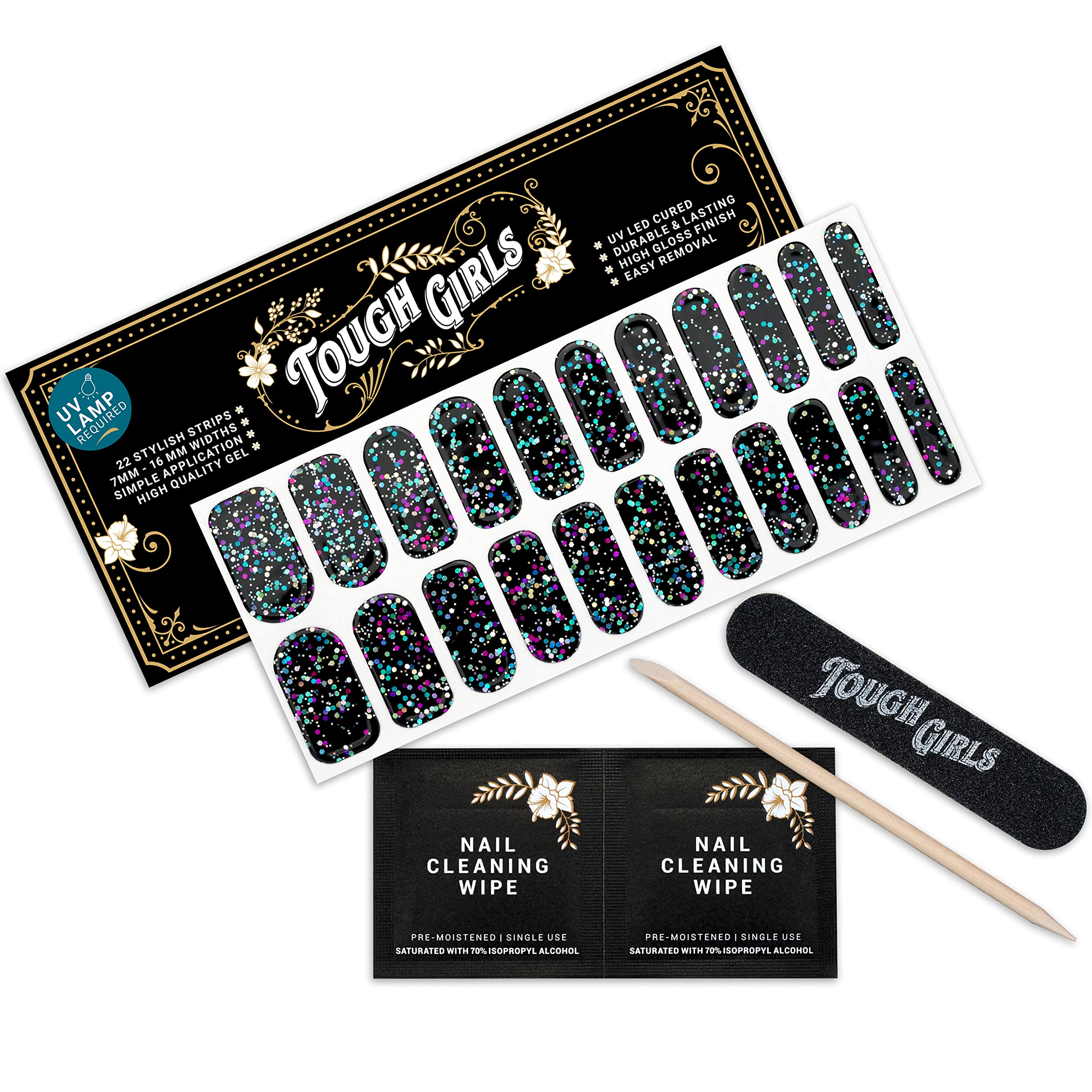 22 Premium Semi-Cured Gel Nail Polish Strips with Application Accessories (Black & Sparkle) - Perfect for Parties, Weddings & Everyday Glamour