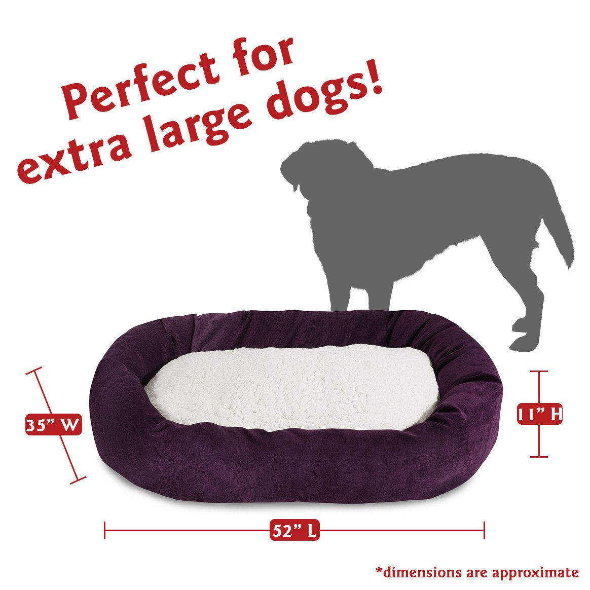 52 Inch Aubergine Villa Collection Sherpa Dog Bed - Ultra Soft Washable Pet Couch for Large Dogs, Perfect for Living Room, Bedroom & Pet-Friendly Spaces