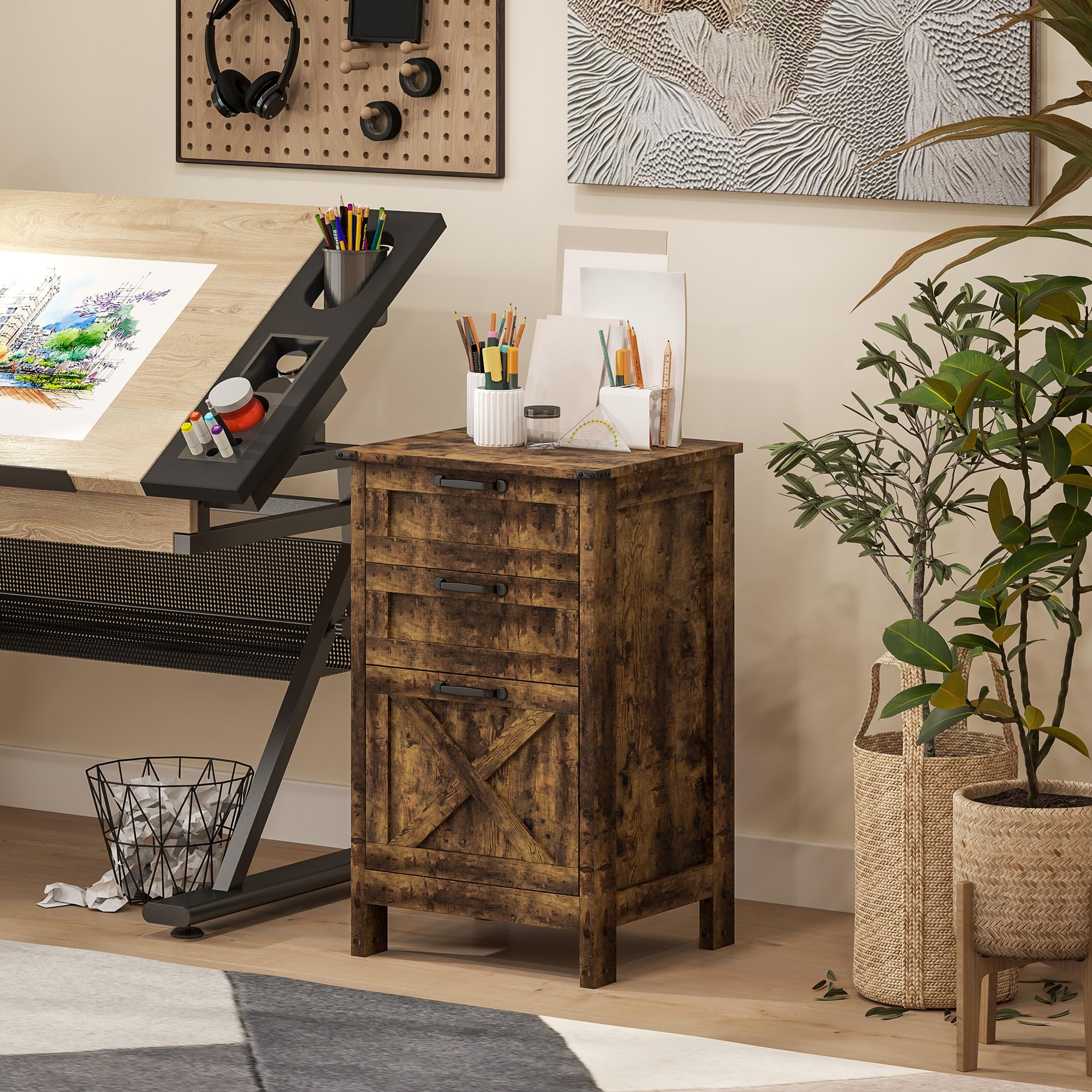 HOMCOM 3-Drawer Vertical File Cabinet with Silent Slides - Rustic Brown Farmhouse Office Storage for A4/Letter Documents, Printer Stand - Perfect for Home Office Organization & Workspace Storage Solutions