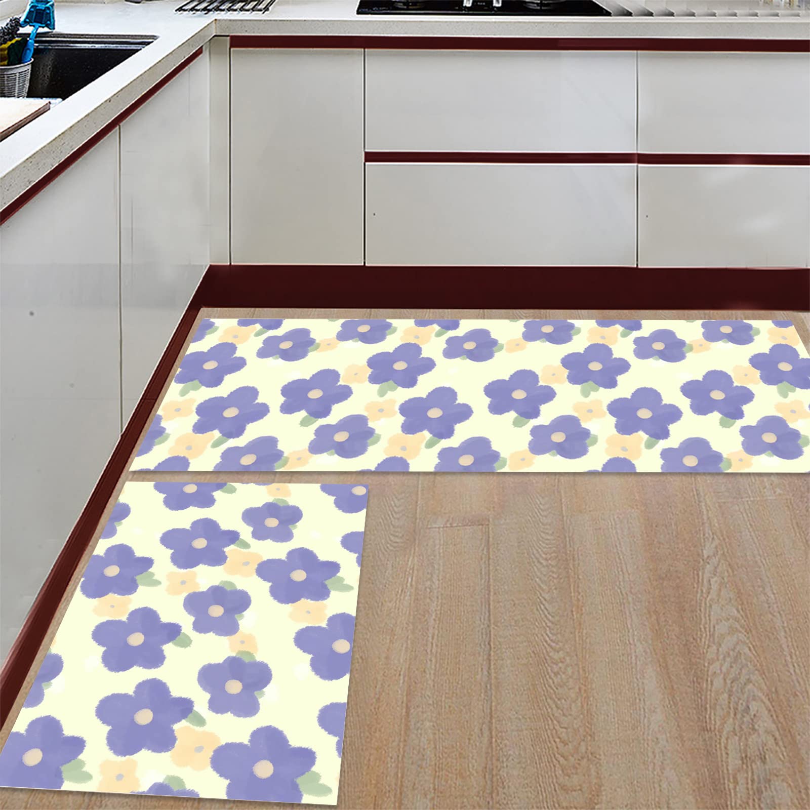 Non-Slip Floral Kitchen Rugs Set of 2 - Super Absorbent Microfiber Anti-Fatigue Runner Mats for Bathroom, Hallway & Laundry Room - Watercolor Blue Flowers Design | Perfect for High-Traffic Areas & Spill-Prone Spaces