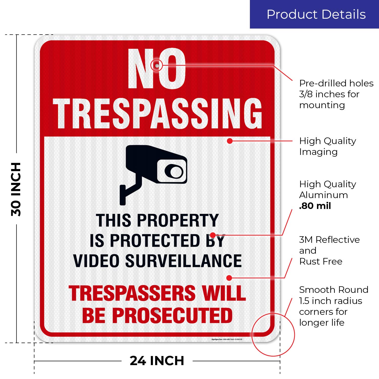 Video Surveillance No Trespassing Sign - 24x30 Inches Reflective Aluminum Security Sign for CCTV Cameras | 3M EGP .080 Fade-Resistant | Indoor & Outdoor Use | Made in USA | Perfect for Home Security, Business Protection & Warehouse Safety