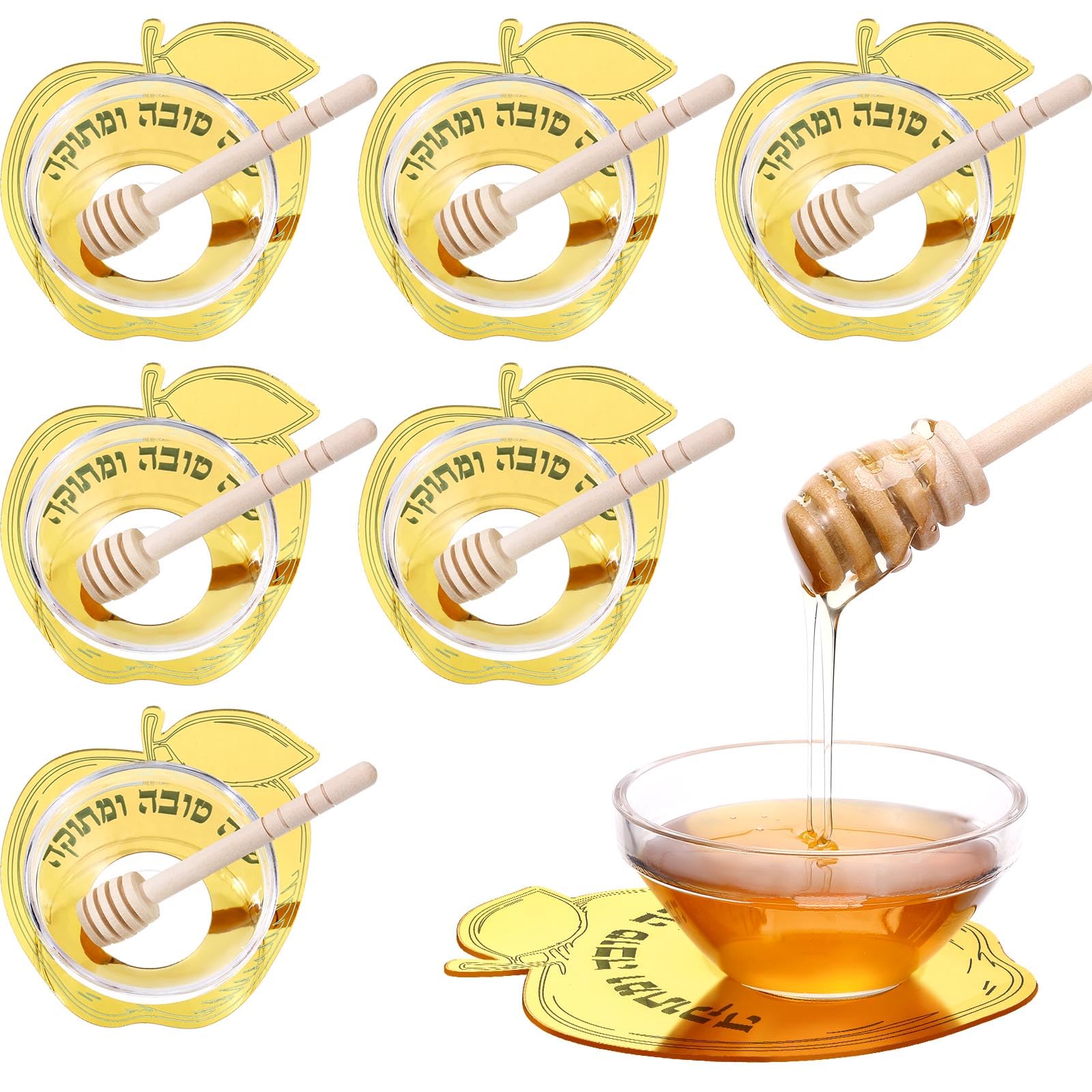 6 Sets Acrylic Apple Honey Dish with Dipping Spoon - Rosh Hashanah Jewish New Year Decoration for Holiday Gifts & Party Favors (Gold) - Perfect for Festive Celebrations, Home Decor, and Sweet Traditions