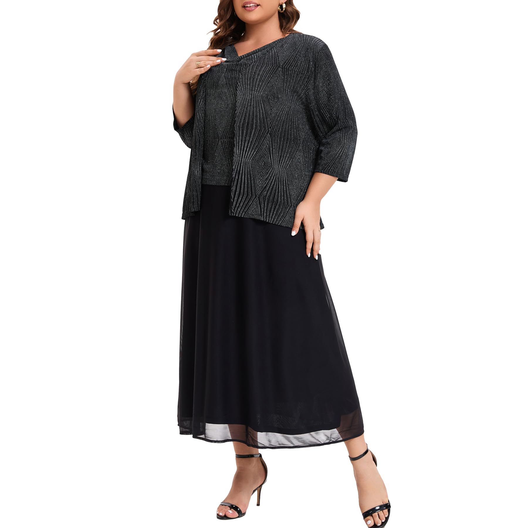 Plus Size Mother of The Bride Suits - Elegant Tea Length Glitter Jacket Dress Set for Women | Formal Evening Gowns & Special Occasions | Perfect for Weddings, Galas & Holiday Parties