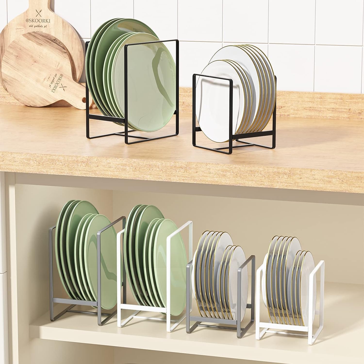 2 Pack Large Metal Plate Holders & Organizers - Upright Cabinet Dish Drying Rack Stand for Countertop & Cupboard (7.87