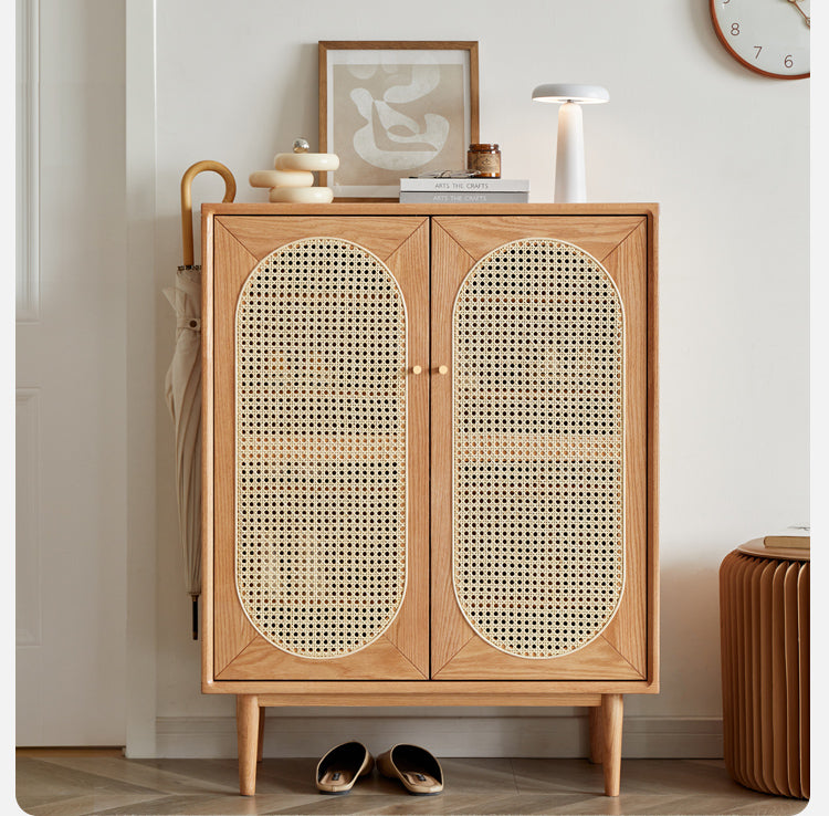 Oak Solid Wood Rattan Shoe Cabinet - Rustic Entryway Storage Organizer for Shoes, Boots & Accessories | Perfect for Hallway, Mudroom & Closet Organization