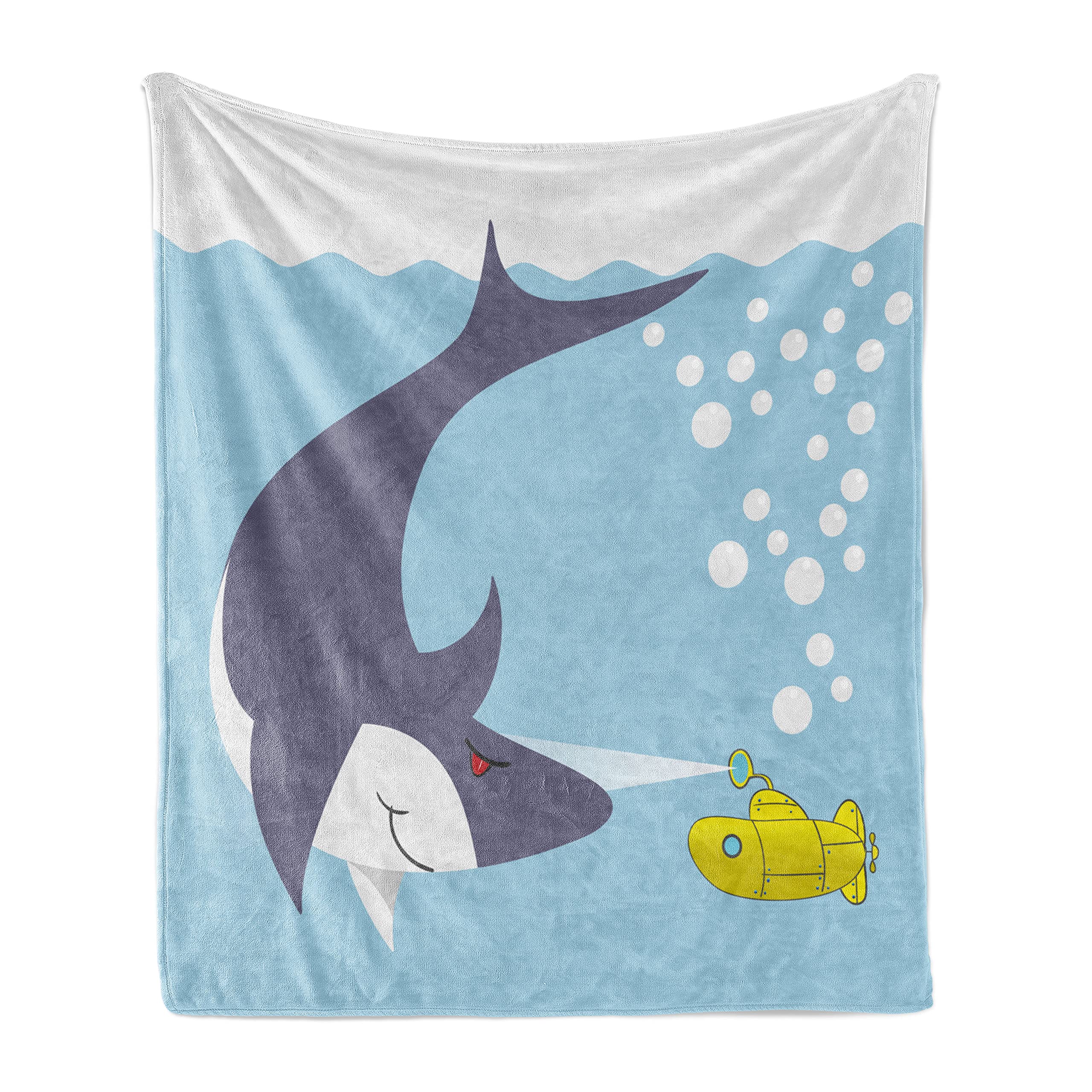 Ambesonne Yellow Submarine Fleece Throw Blanket - Shark & Vessel Ocean Bubbles Underwater Cartoon Design - 50x70 Inch Soft Flannel Couch Cover for Adults in Blue Grey Yellow - Perfect for Living Room Decor, Movie Nights & Cozy Winter Evenings