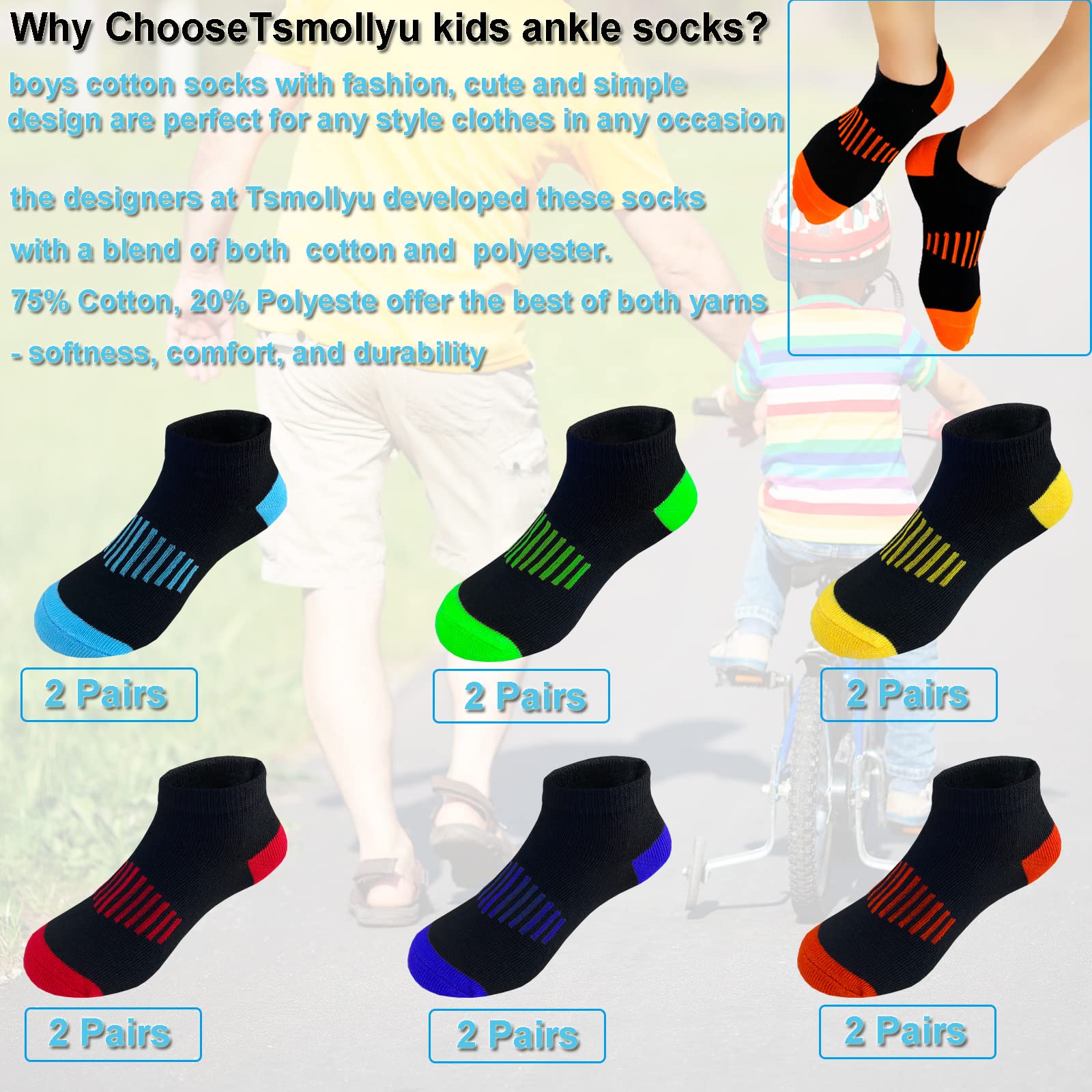 12 Pairs Boys Low Cut Cotton Athletic Socks - Half Cushion Sport Ankle Socks for Kids - Perfect for Running, School & Daily Activities