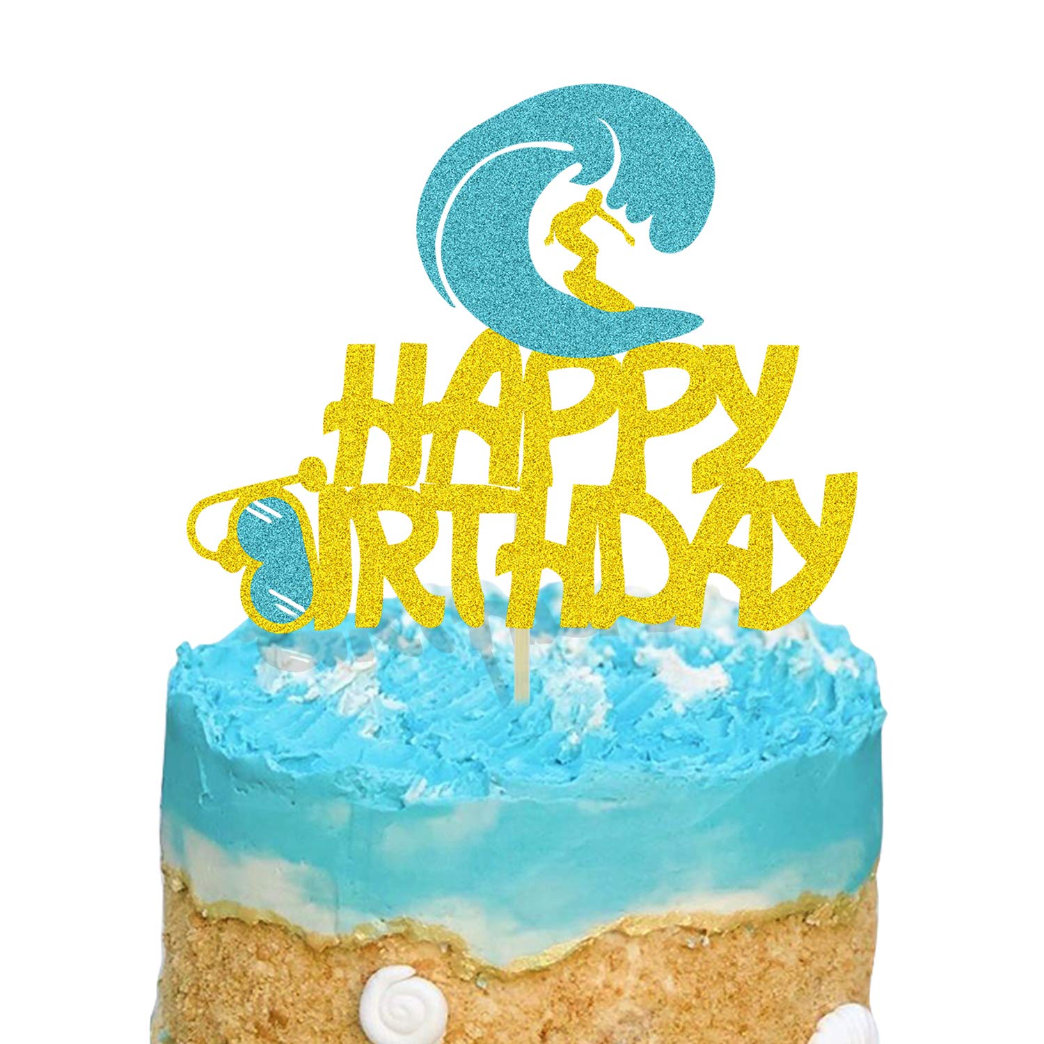 Glitter Double-Sided Happy Birthday Surfboard Cake Topper - Perfect for Summer Beach, Surfing & Hawaii Themed Party Decorations | Ideal for Birthday Cakes, Cupcakes, and Dessert Table Displays