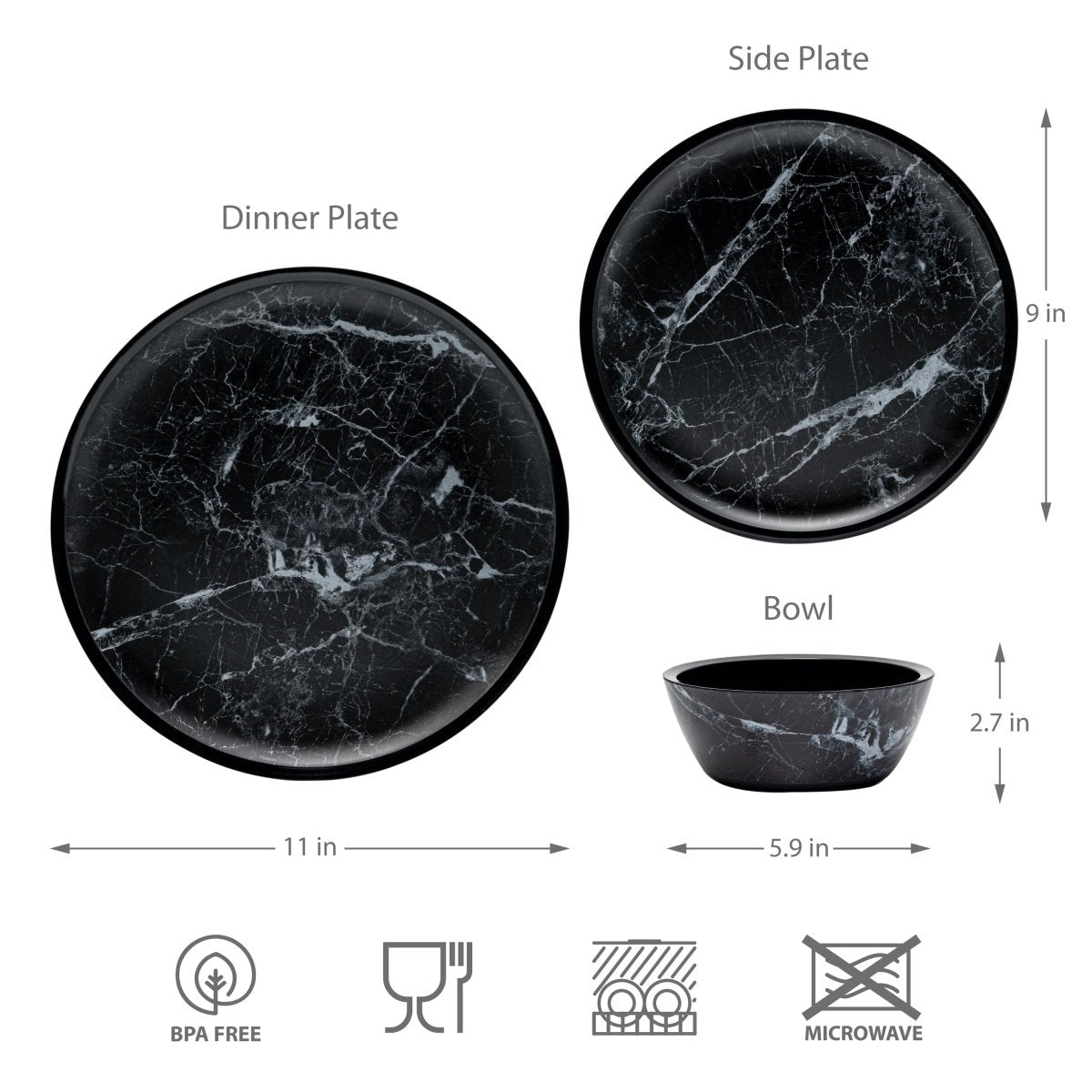 12-Piece Marble Melamine Plate and Bowl Set - Durable Black Dinnerware for Indoor & Outdoor Dining, Picnics, and Parties