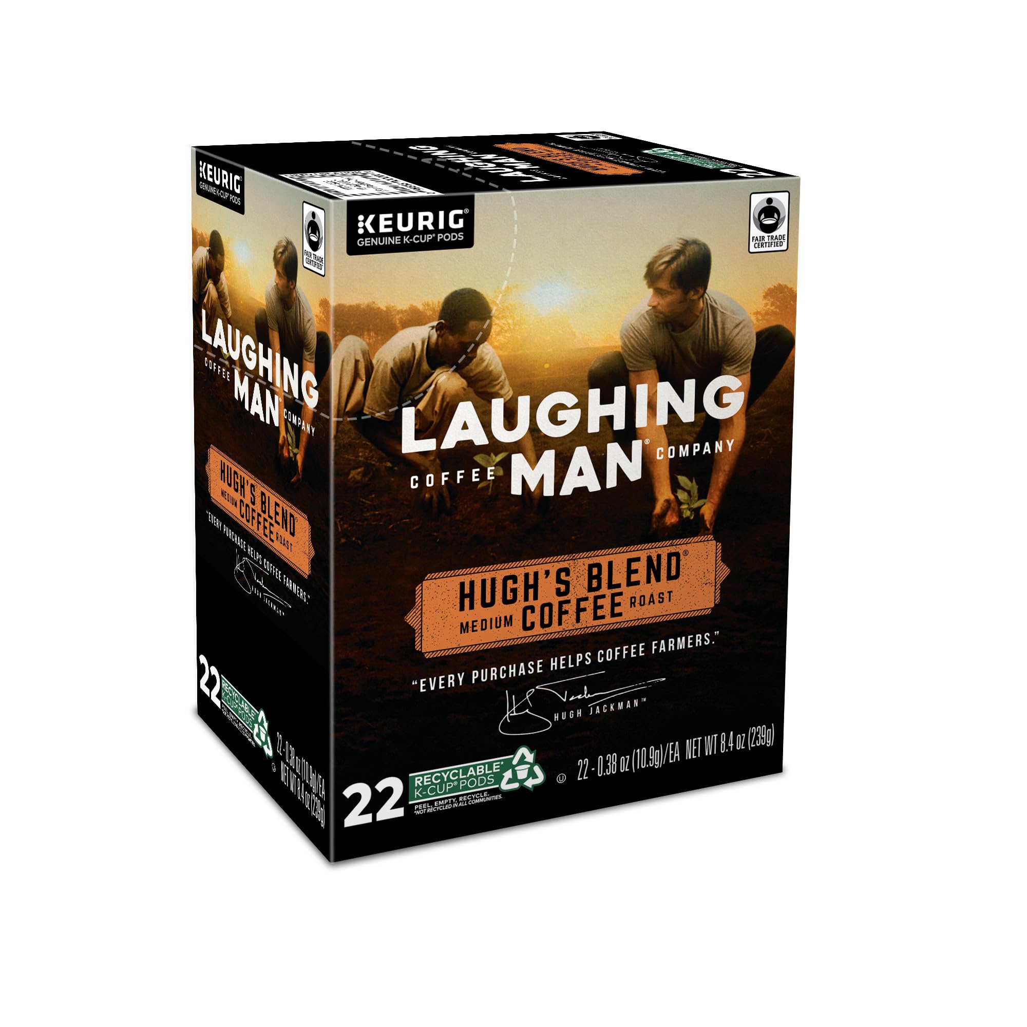 Laughing Man Hugh’s Blend Fair Trade Medium Roast Arabica Coffee Pods - 88 Recyclable K-Cups (4 Packs of 22) for Keurig Single-Serve Coffee Makers | Perfect for Home, Office & Morning Brews