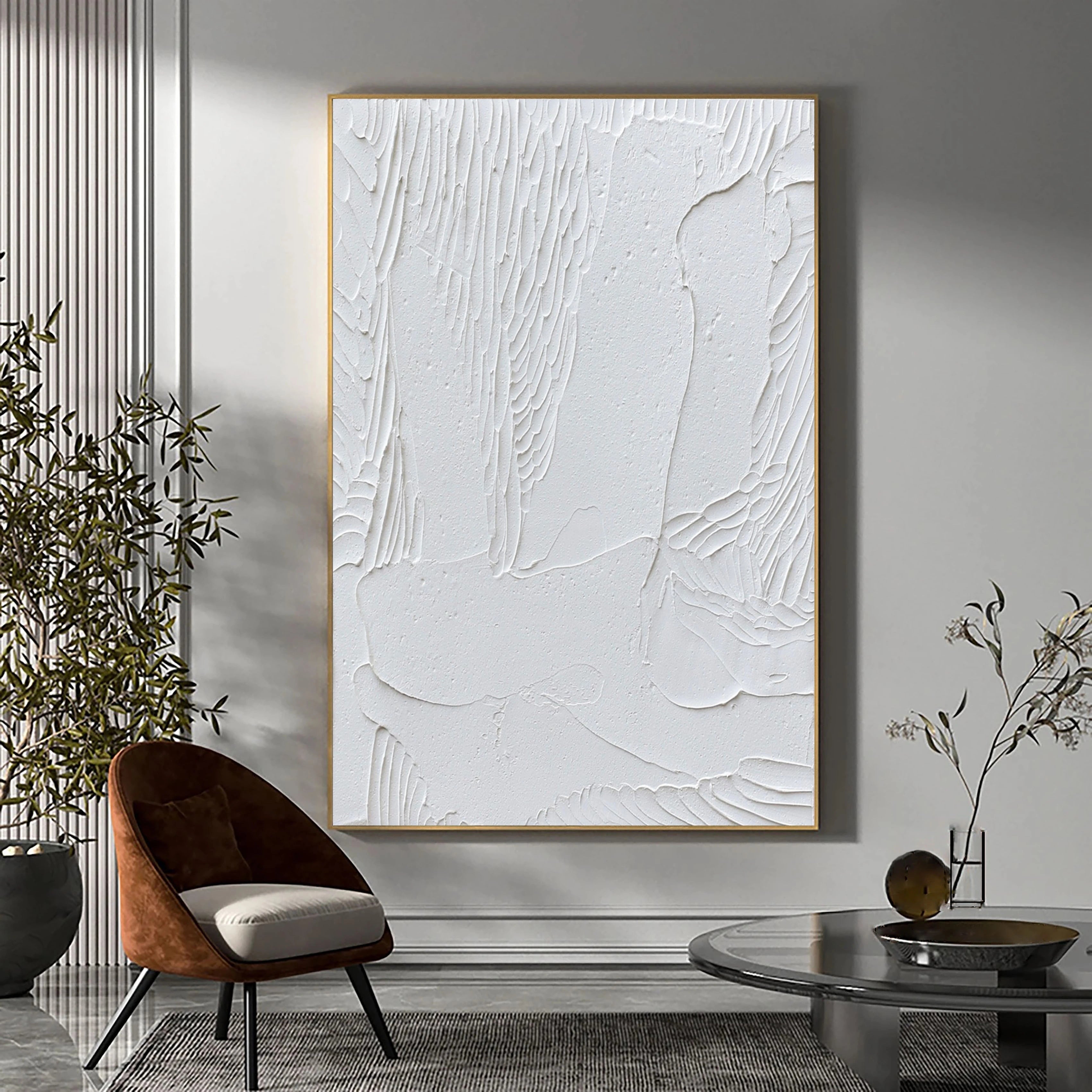 White Minimalist Textured Painting Canvas Wall Art - Modern Abstract Vertical Decor for Living Room, Bedroom & Office #MM011