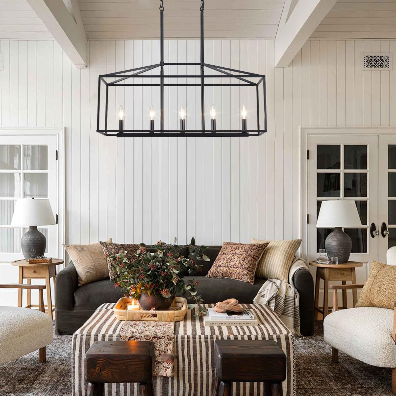 ALISADABOY Modern Black Rectangle Chandelier - 5-Light Linear Pendant Lighting for Farmhouse Dining Room, Rustic Kitchen Island & Living Room | Perfect Over Dining Table & Kitchen Counter