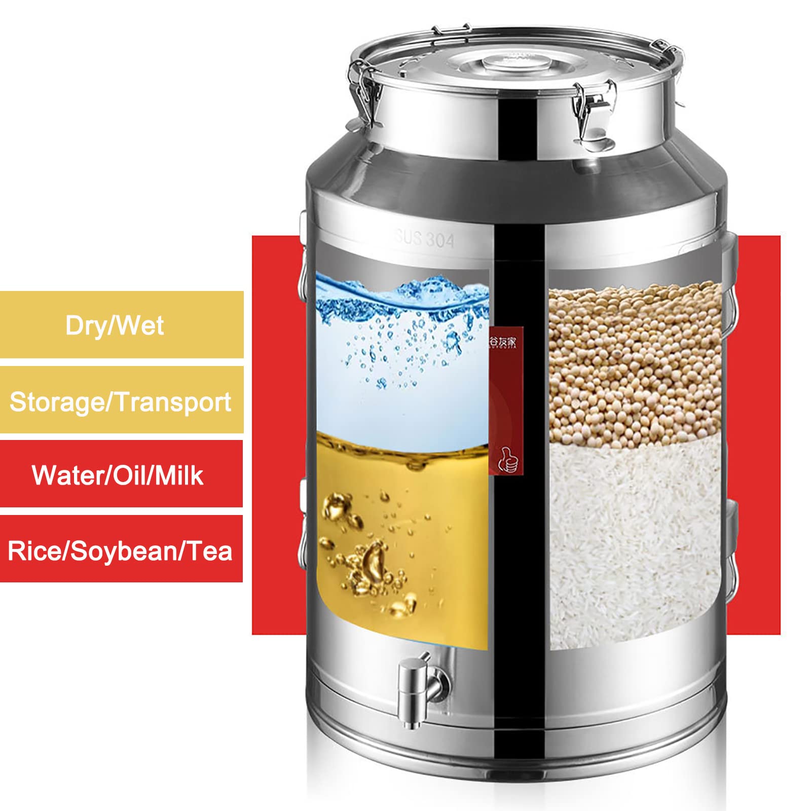 Premium 304 Stainless Steel Heavy Duty Milk Can - 58L/15.3 Gallon Sealed Lid Storage Container with Spigot - Ideal for Milk, Wine, Oil, Tea & Dairy - Perfect for Farm, Brewery & Commercial Kitchen Use