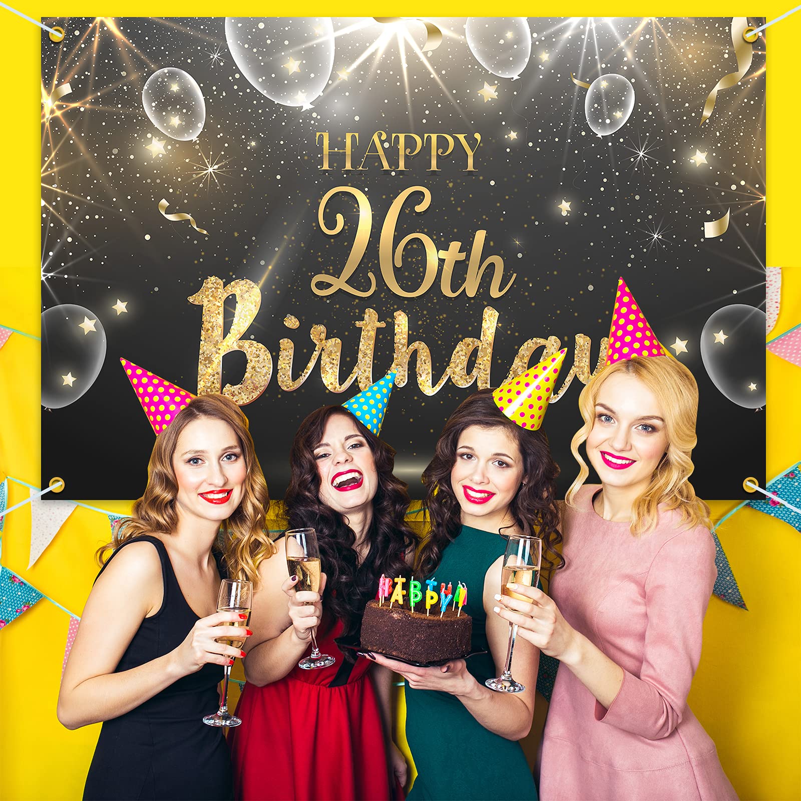 Happy 26th Birthday Glitter Banner Backdrop - 6x4ft Black Gold Shining Party Decor for Women & Men | Perfect for Birthday Celebrations, Photo Booths & Anniversary Parties