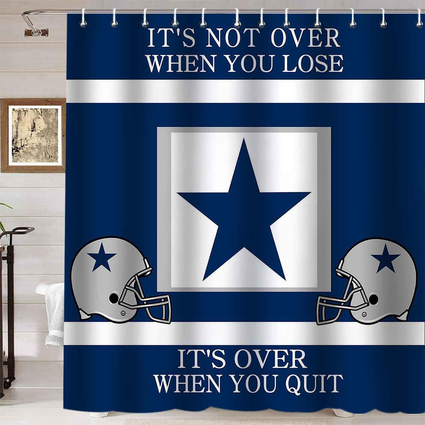 4PCS/Set Inspirational Quotes Shower Curtain with Non-Slip Bath Rugs - White Navy Blue Striped Texas Star Grey Helmet American Football Player Design for Modern Sports Bathroom Decor | Perfect for Football Fans & Athlete Themed Bathrooms