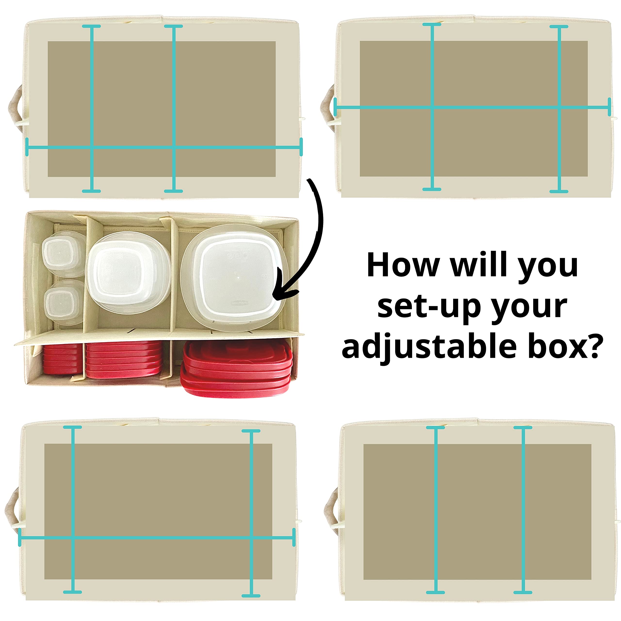 Food Storage Container Organizer Box - Adjustable Foldable Cloth Drawer Organizer for Rubbermaid & Glad Containers with Lids | Perfect Kitchen Storage Solution for Pantry, Fridge & Cabinet Organization