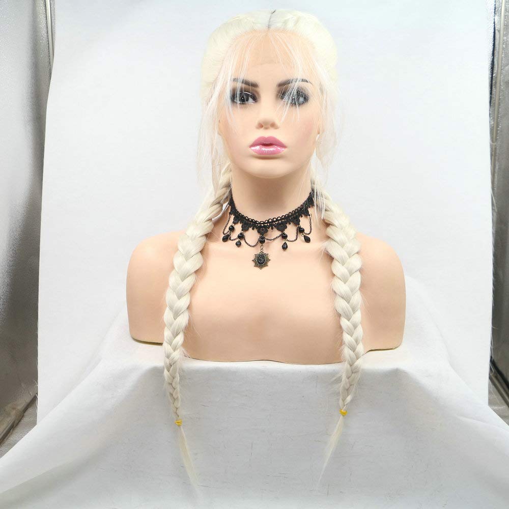 Natural Looking Long Braids Wigs for Women - Hand-Tied Double Braided Synthetic Lace Front Wig with Baby Hair - 60# White Blonde - Perfect for Daily Wear, Cosplay, and Protective Hairstyles