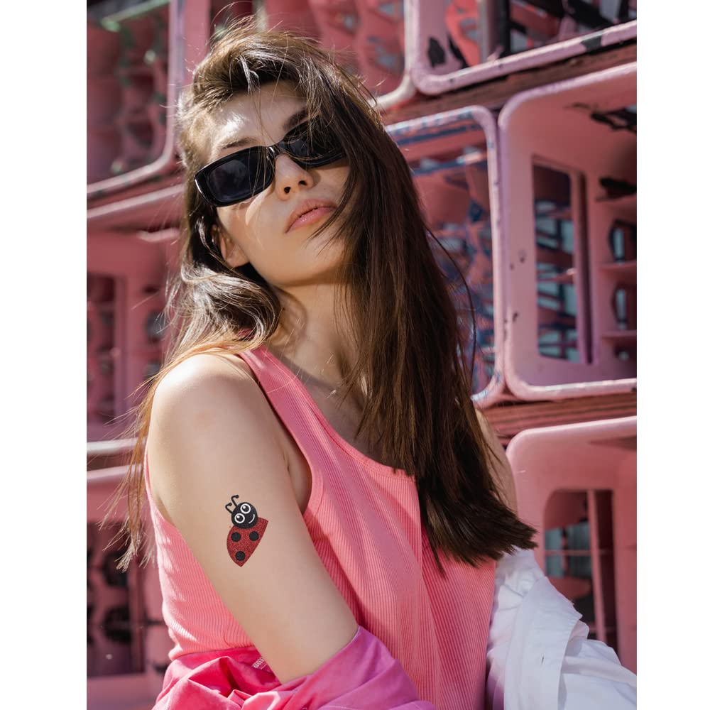 Comet Busters Red & Black Glitter Ladybug Temporary Tattoos - Cute Body Stickers for Women & Kids (BT191) | Perfect for Parties, Festivals & Costume Events