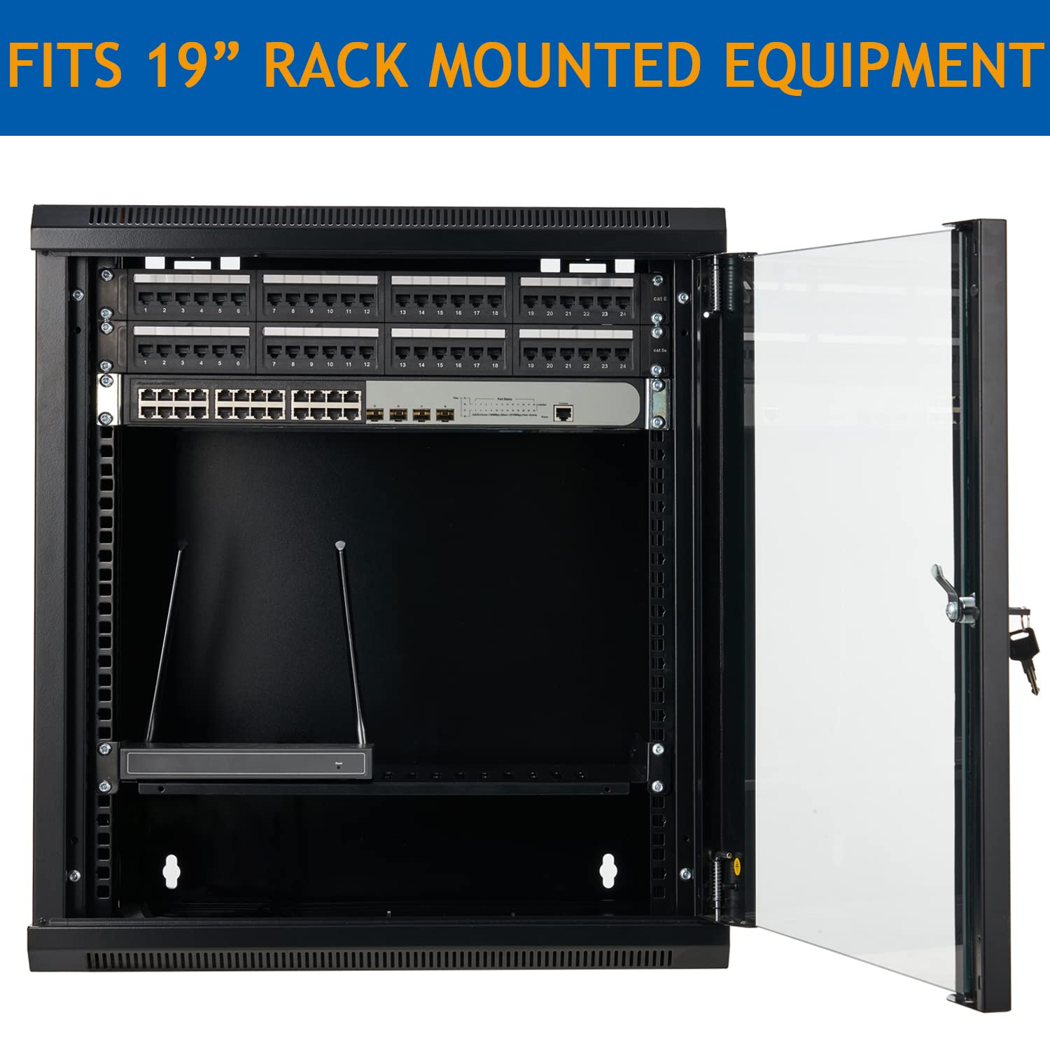 9U Wall Mount Server Cabinet with Glass Door & Vented 1U Rack Shelf - Network Equipment Enclosure for Home Office, Data Center, and IT Closet Organization