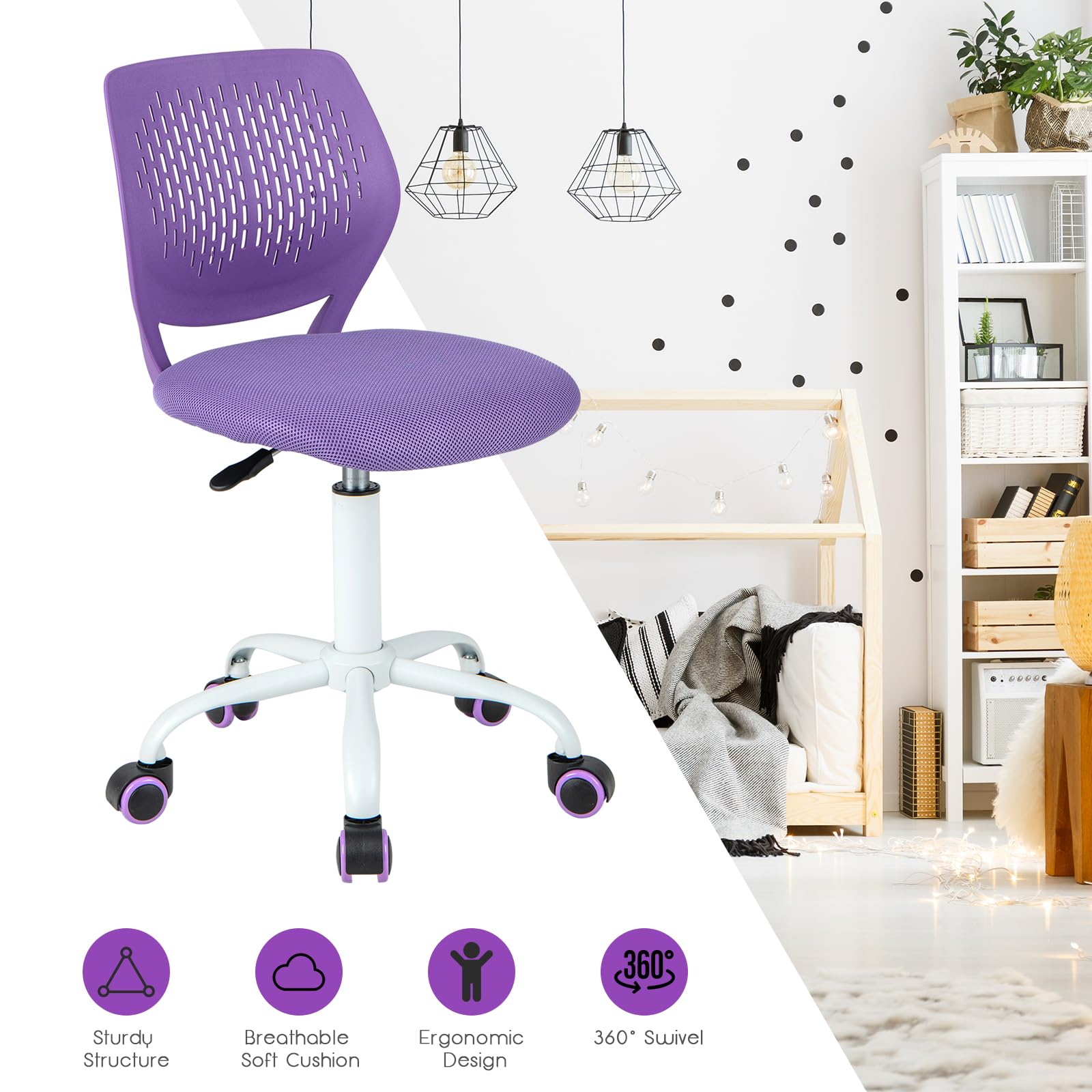 Powerstone Compact Rolling Desk Chair - Adjustable Mid-Back Swivel Office Chair with Wheels, Armless Computer Task Chair for Small Spaces (Purple) - Perfect for Home Office, Study Rooms & Compact Workspaces