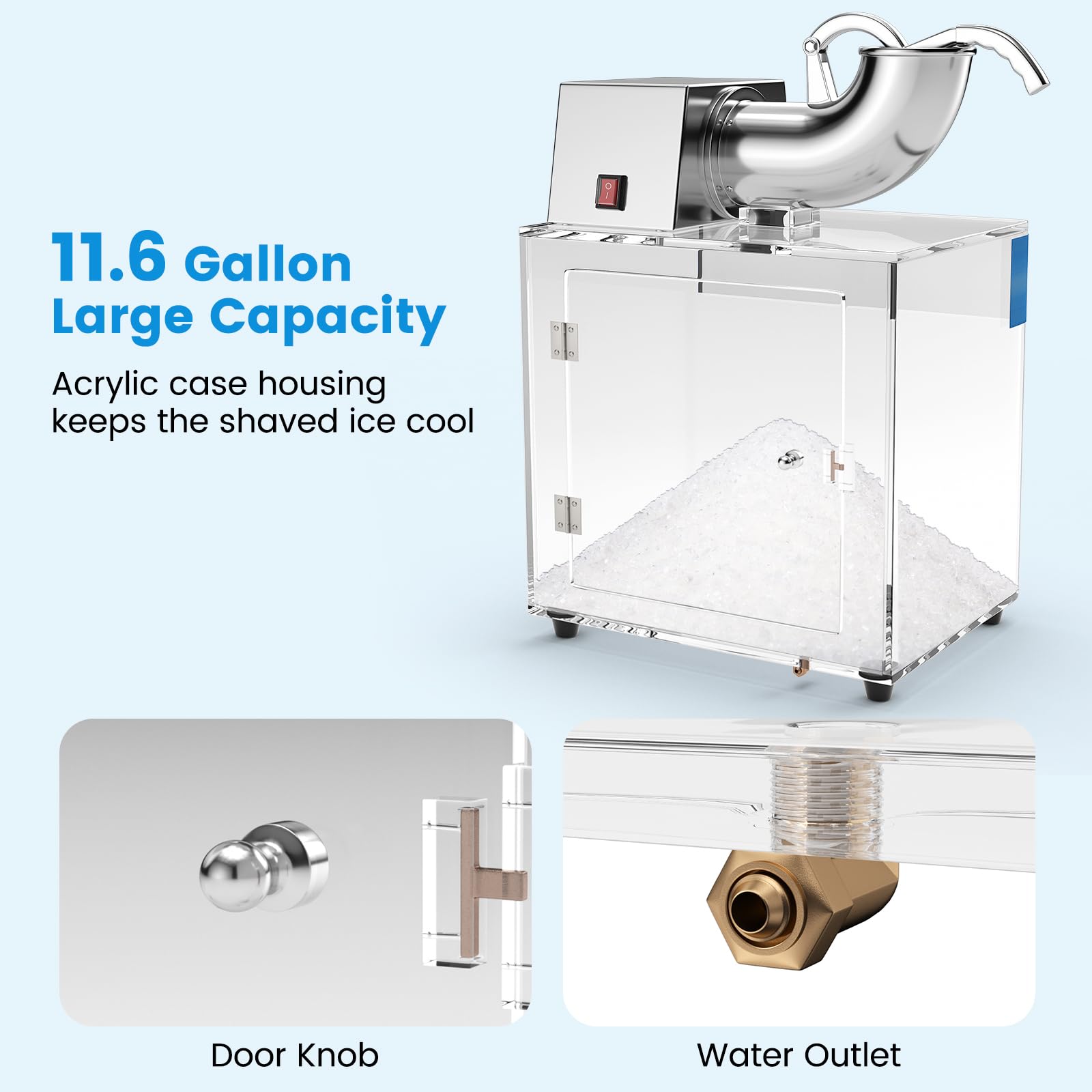 COSTWAY Commercial Shaved Ice Machine 440LBS/H - Stainless Steel Ice Crusher with Safety Switch & Dual Blades - 11.6 Gallon Acrylic Storage - 200W Electric Snow Cone Maker for Home Bars, Parties & Restaurants - Perfect for Summer Treats, Cocktails & Frozen Desserts