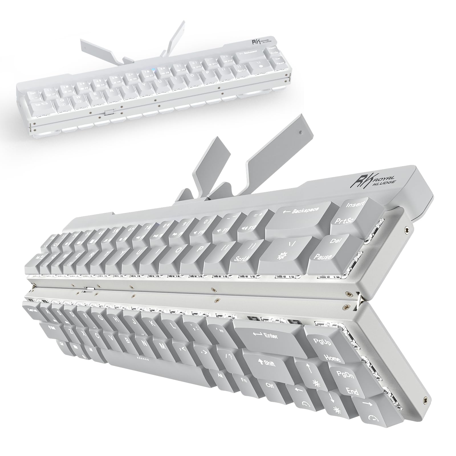 RK ROYAL KLUDGE F68 60% Foldable Wireless Mechanical Keyboard - Low Profile Aluminum Body with Built-in Stand, White Backlit, 68 Keys, Tactile Brown Switch - Perfect for Office, Gaming & Travel