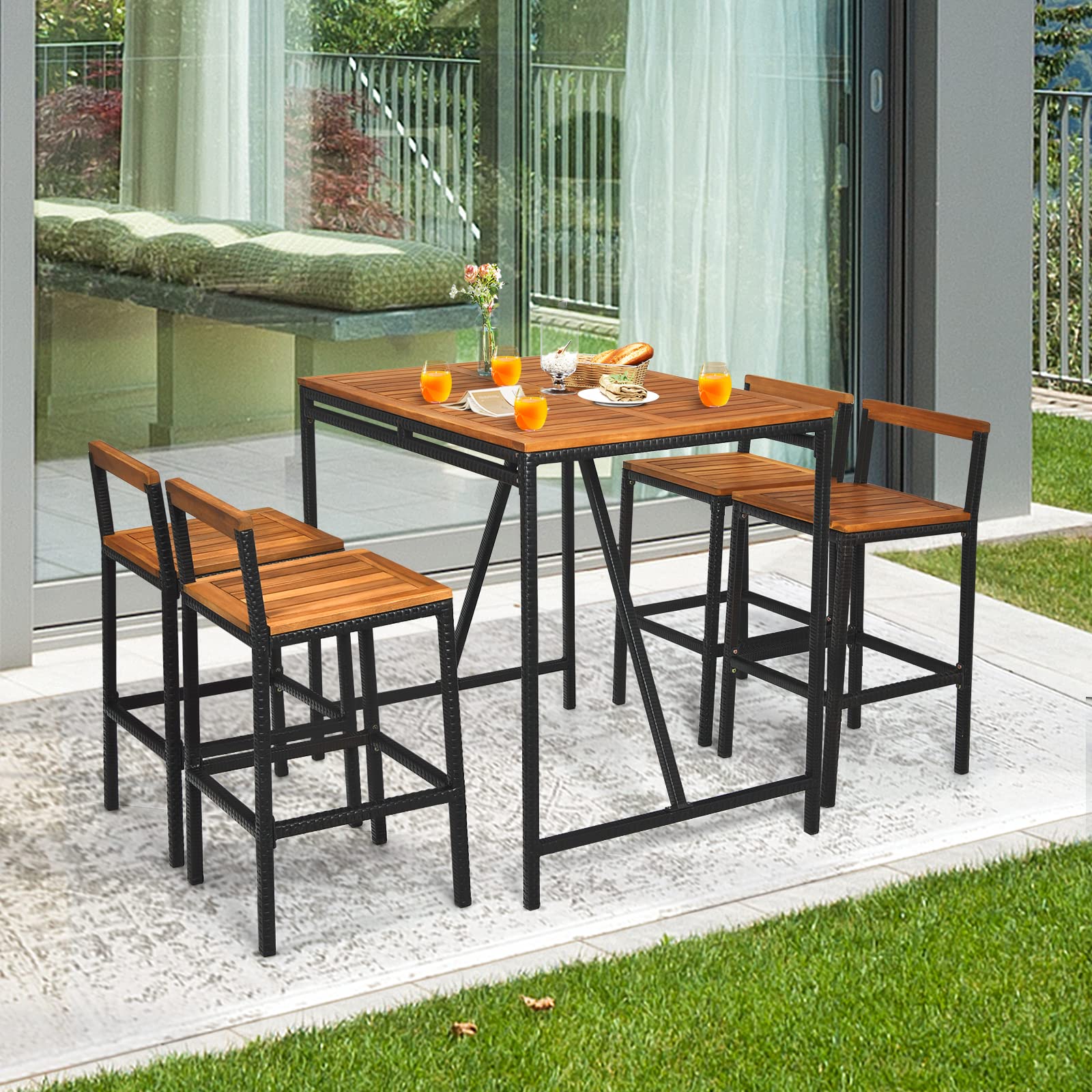Tangkula 5-Piece Acacia Wood Outdoor Bar Set with Umbrella Hole - Black Rectangular Bar Table & 4 Rattan Bar Stools for Patio, Garden, Backyard Dining & Entertaining