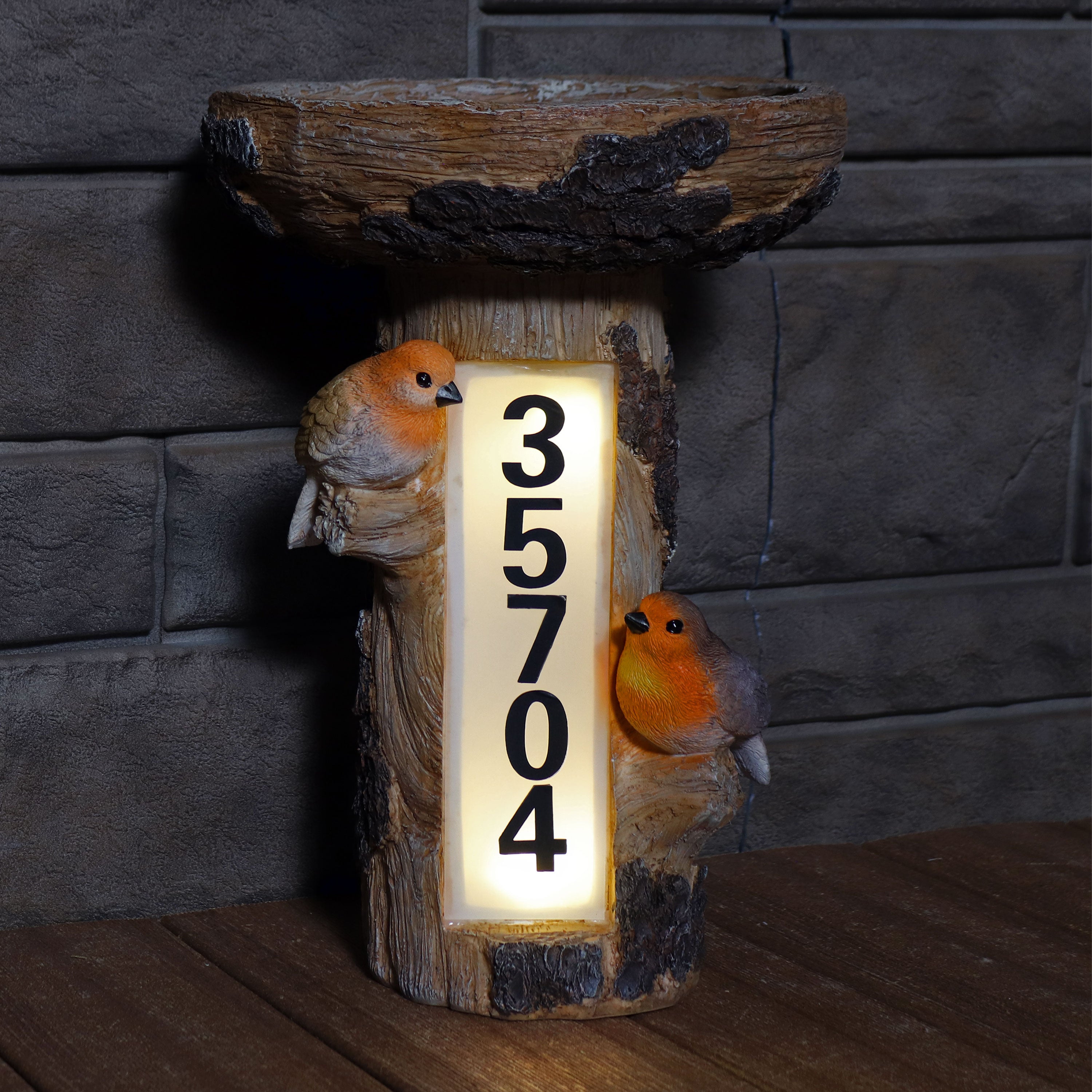 Sunnydaze Solar-Powered Staked Country Tree Stump Bird Bath with Address Plate - 15.5 Inch Outdoor Garden Decoration for Birds & Wildlife Habitat Enhancement