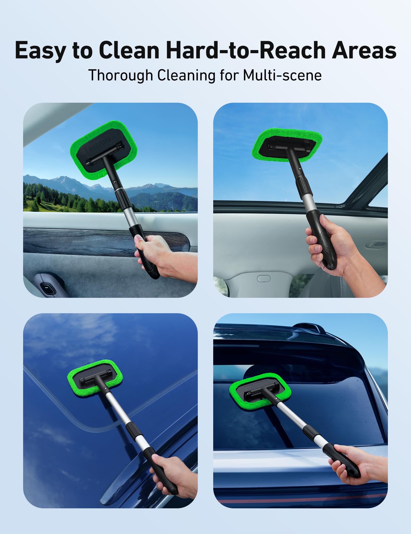 AstroAI Windshield Cleaner Kit - 4 Reusable Washable Microfiber Pads with Extendable Handle for Car Windows Cleaning - Perfect for Auto Glass, Mirrors, and Home Windows - Green