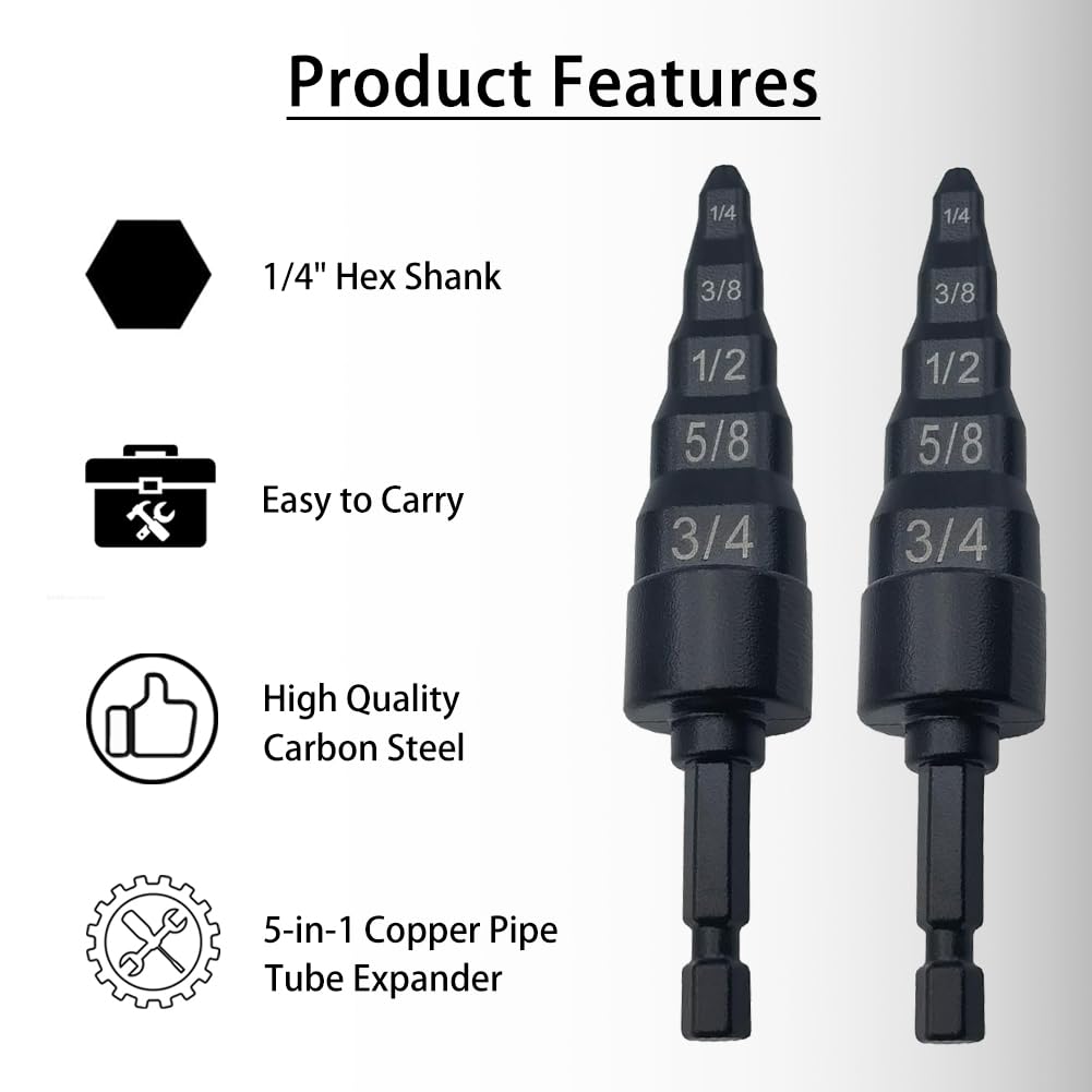 2PCS Professional Copper Tube Flaring Tool Kit - 1/4-inch Hex Shank AC Refrigerant Pipe Expander Set (1/4, 3/8, 1/2, 5/8, 3/4 Inch) for HVAC, Auto AC Repair & Power/Impact Drills - Perfect for Refrigeration System Maintenance & DIY Projects
