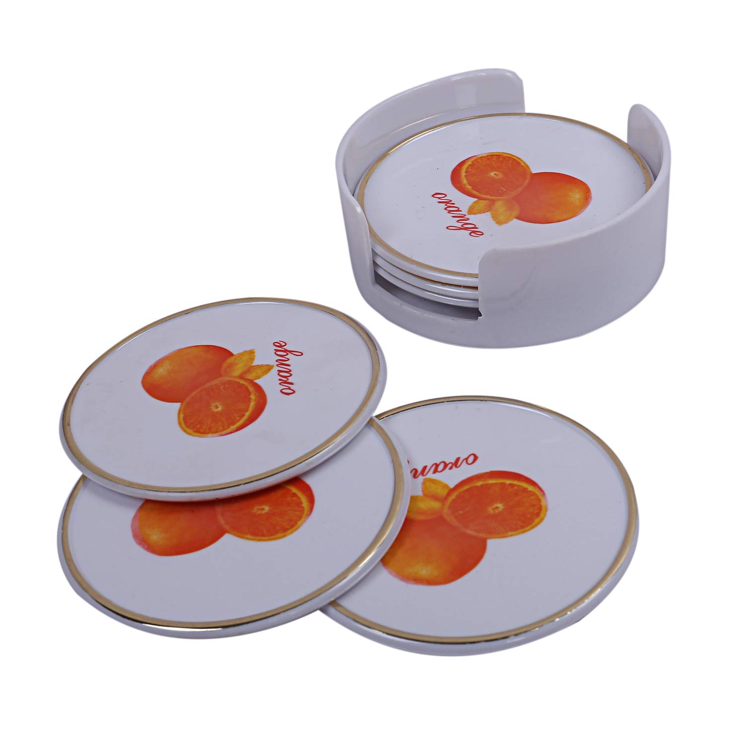 Kuber Industries 6-Piece White Tea Coaster Set with Stand - Elegant Orange Design for Hot & Cold Beverages - Perfect for Kitchen, Dining Table, Office Desk, and Home Decor