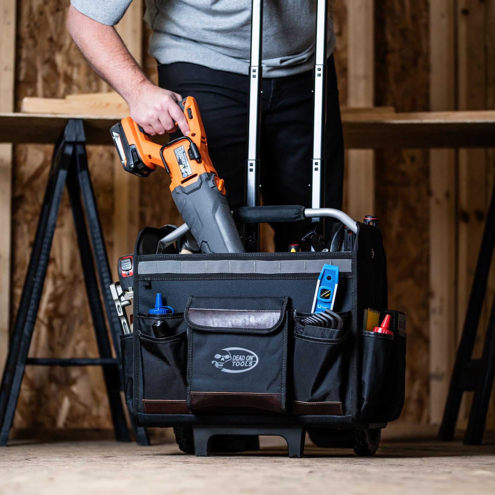 Dead On Tools 18-Inch Rolling Tool Tote with Extendable Handle - Heavy Duty Black Tool Storage Organizer for Contractors, Mechanics & DIY Projects | Workshop, Garage & Job Site Use