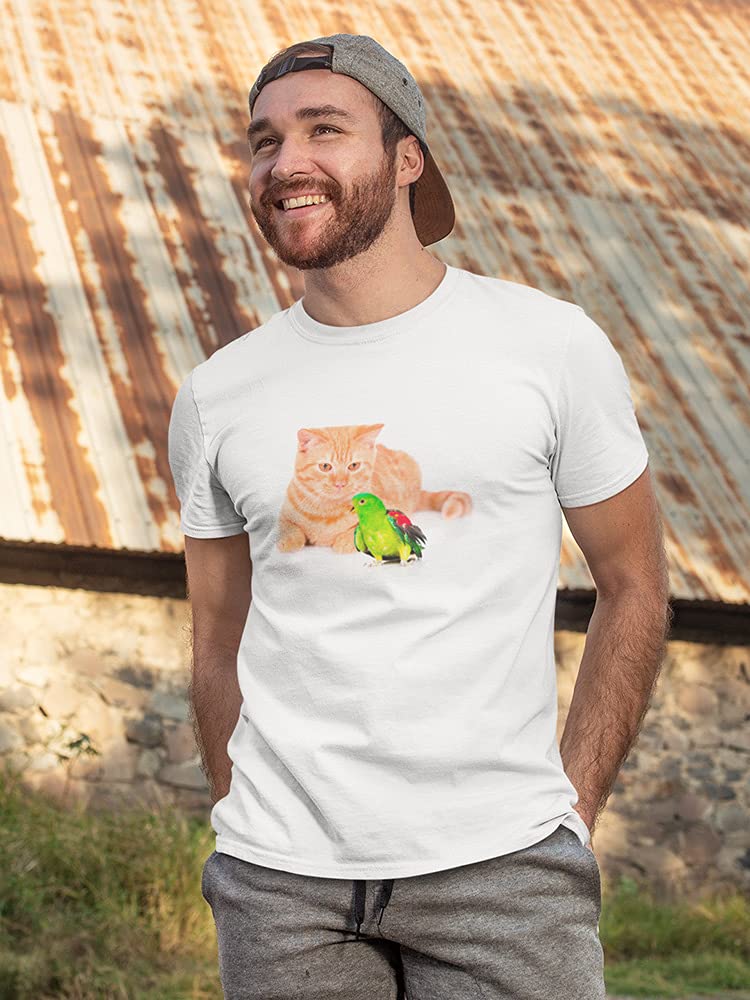 Stylish Red Cat and Colorful Parrot Graphic T-Shirt for Men - Casual Cotton Tee for Streetwear, Weekend Outings & Gifts