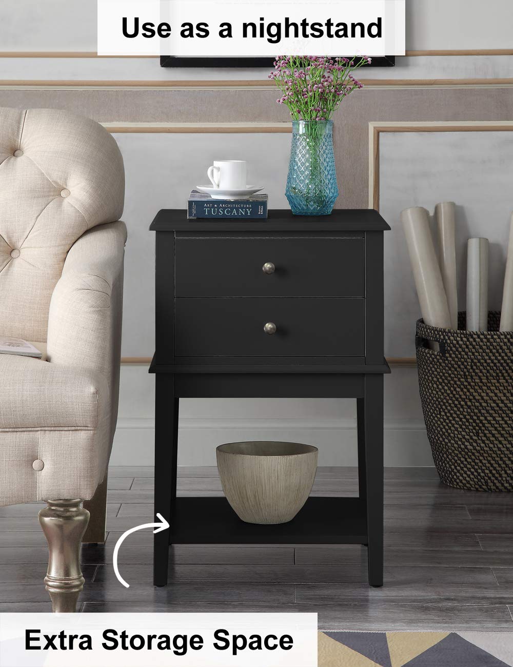 Coniferism Black Nightstand End Table with 2 Drawers & Storage Shelf - Tall Bedside Table for Bedroom, Living Room - Modern Bedside Cabinet with Ample Storage Space for Lamps, Books & Bedroom Essentials