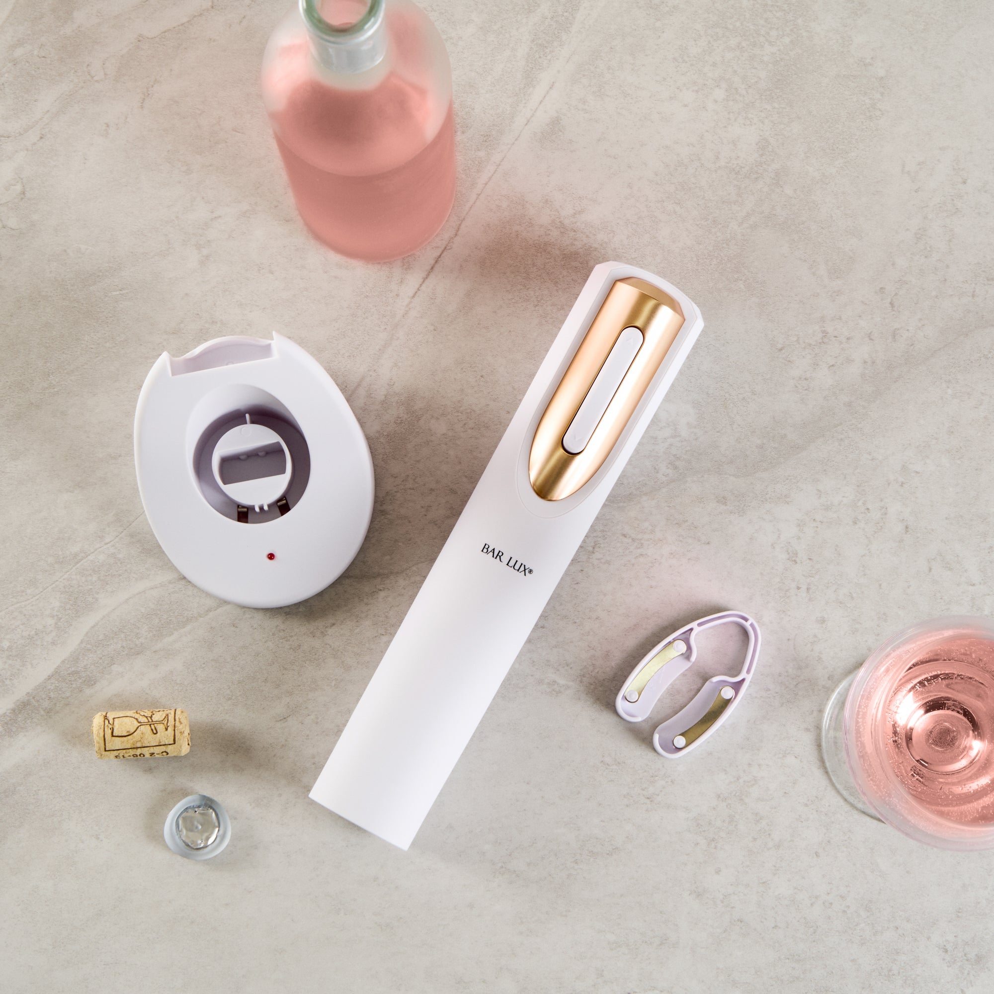 Premium White & Rose Gold Electric Wine Opener with Rechargeable Base & Foil Cutter - 1 Count - Perfect for Dinner Parties, Weddings & Home Entertaining