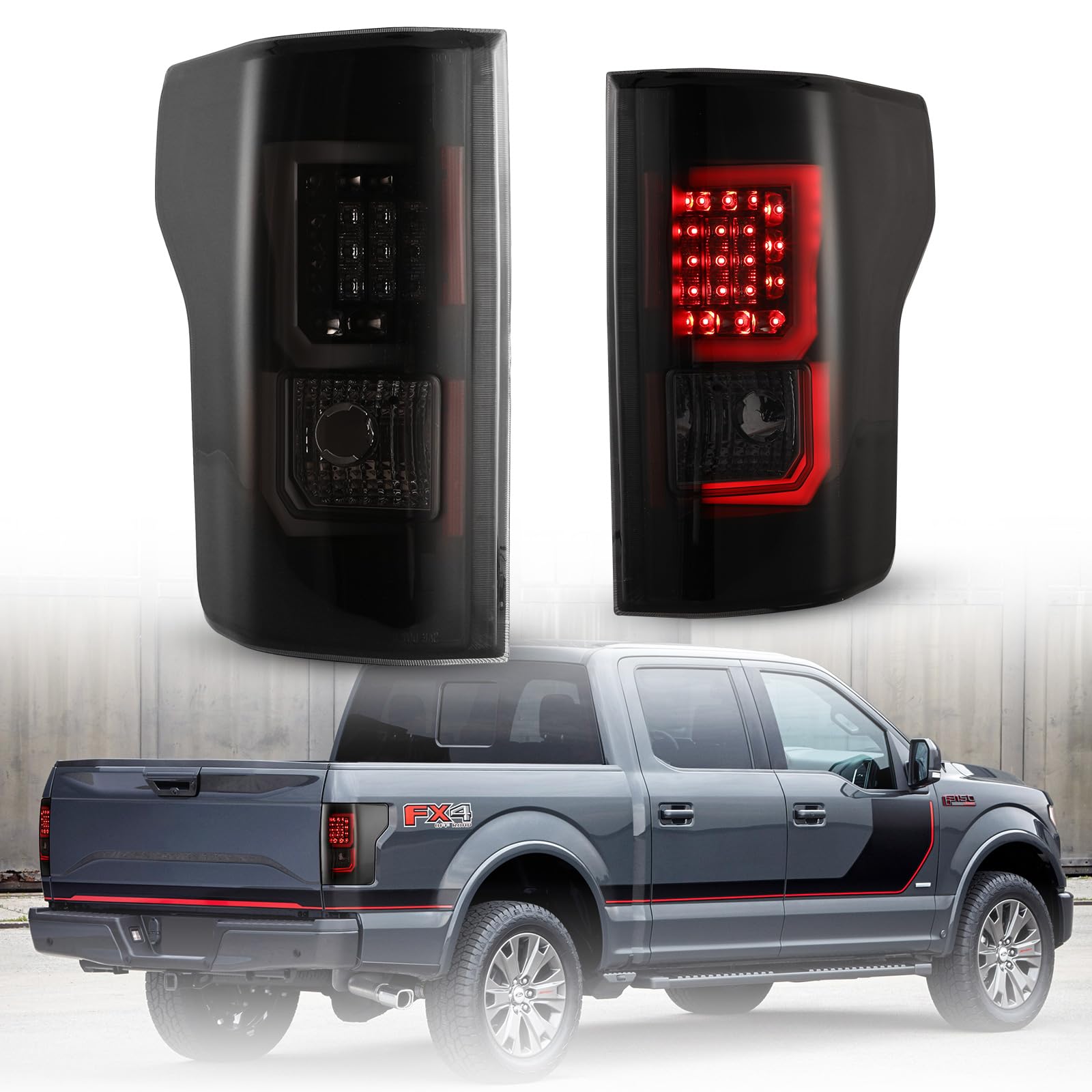 LED Tail Lights for 2015-2017 Ford F150 - Smoked Lens Taillight Assembly with LED Turn Signal, Brake Light, DRL & Parking Lights | HD Lens Replacement for Pickup Truck | Enhanced Visibility & Style for Night Driving & Off-Road Adventures